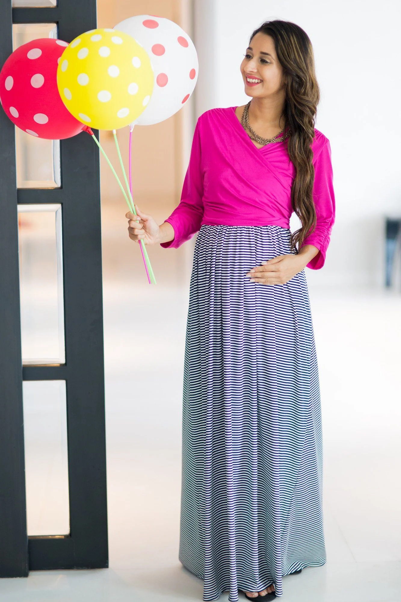 Striped Pink Contrast Front Wrap Maternity & Nursing Dress - Chenance