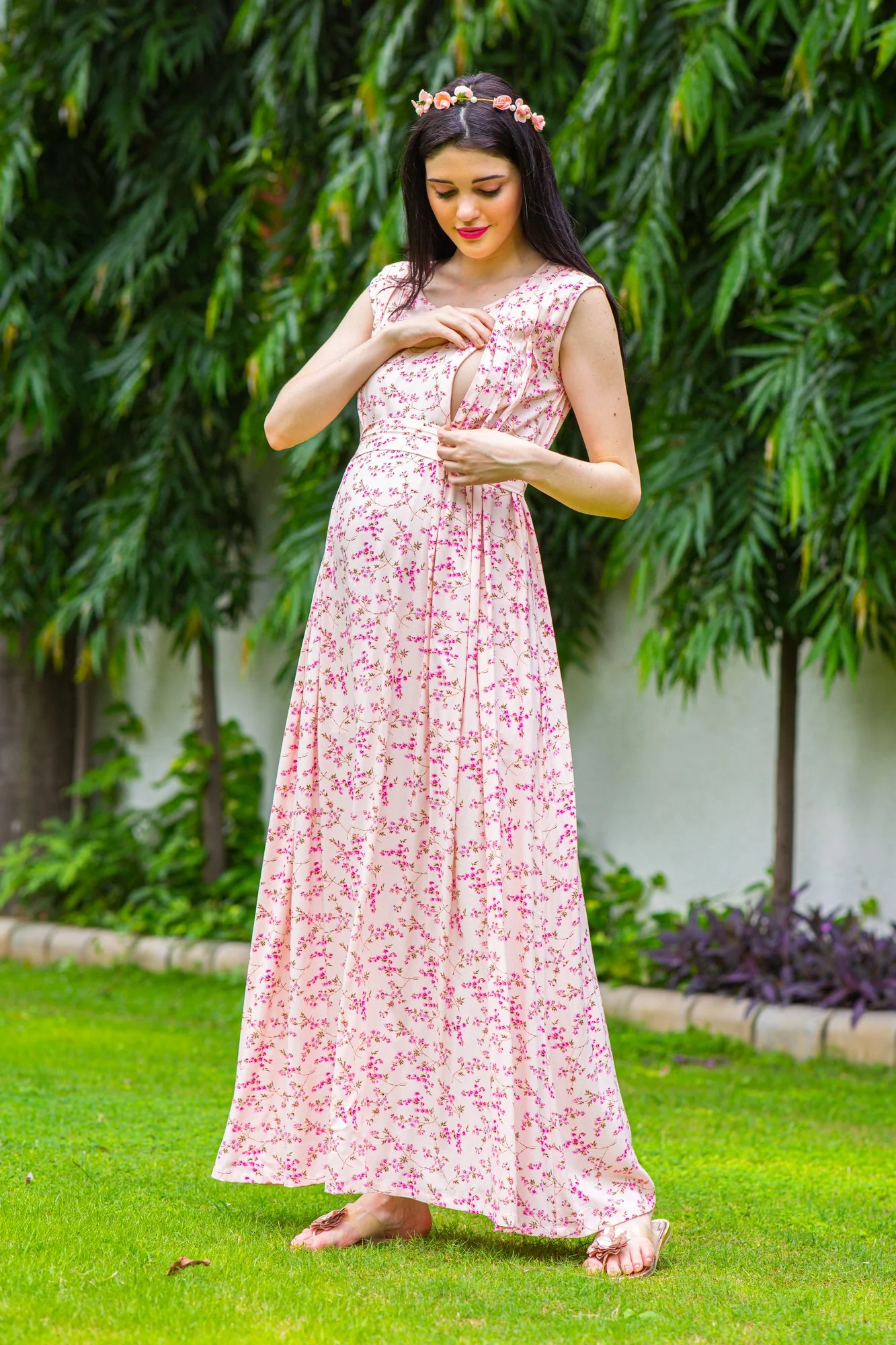 Toffee Pink Concealed Zips Maternity & Nursing Dress - Chenance