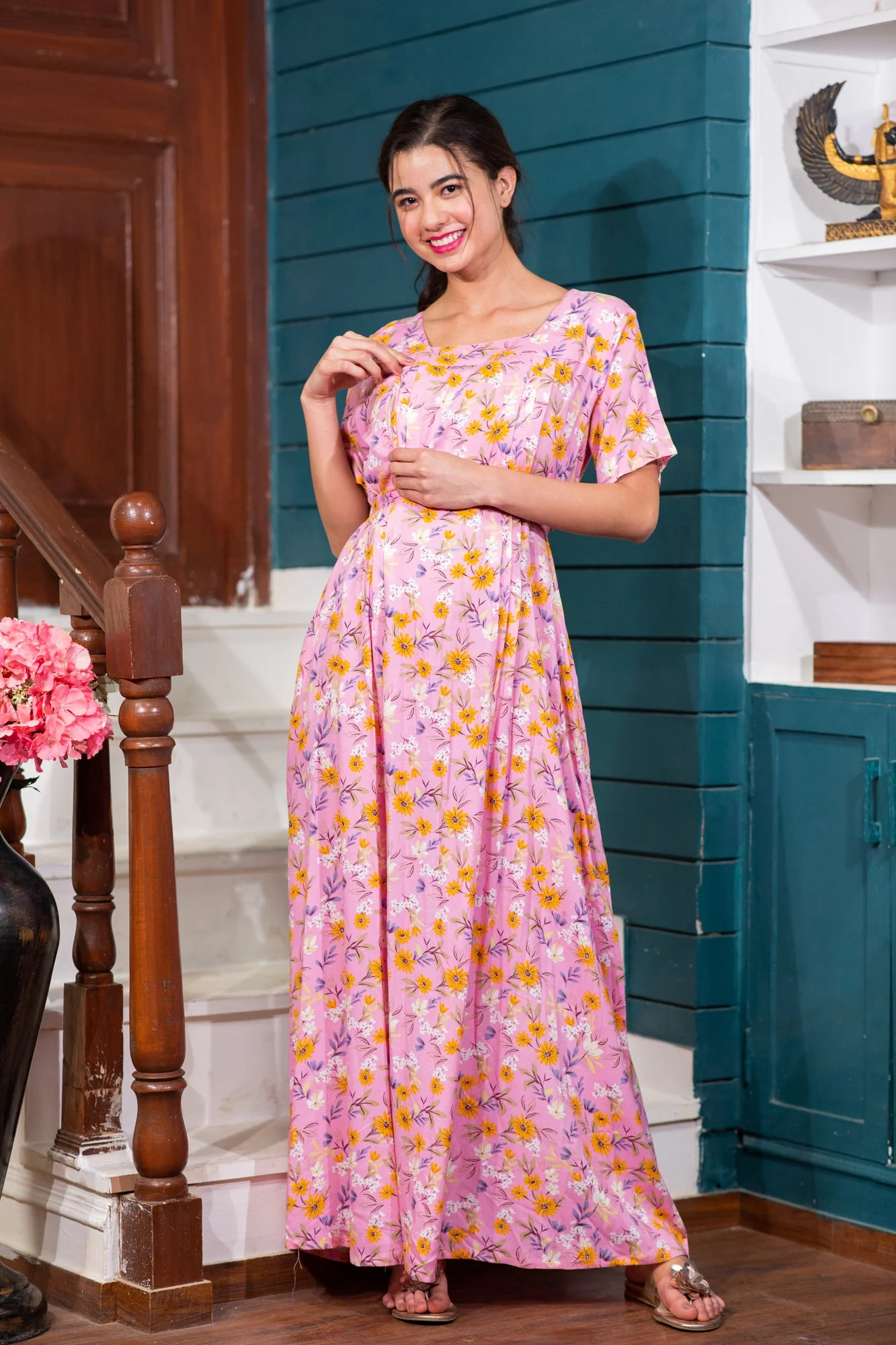 Jolly Blush Pink Maternity & Nursing Night Dress - Chenance