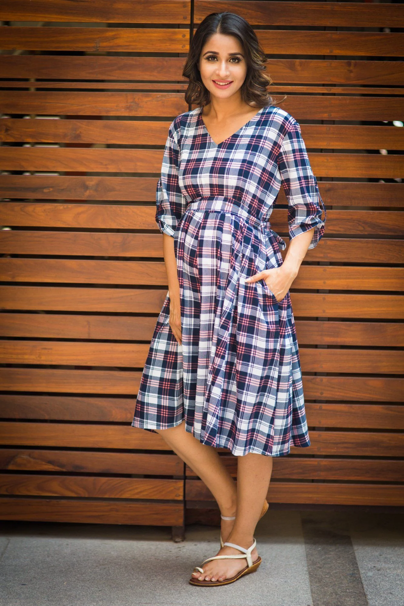 Elegant Chic Blue Plaid Pintucks Maternity & Nursing Dress - Chenance