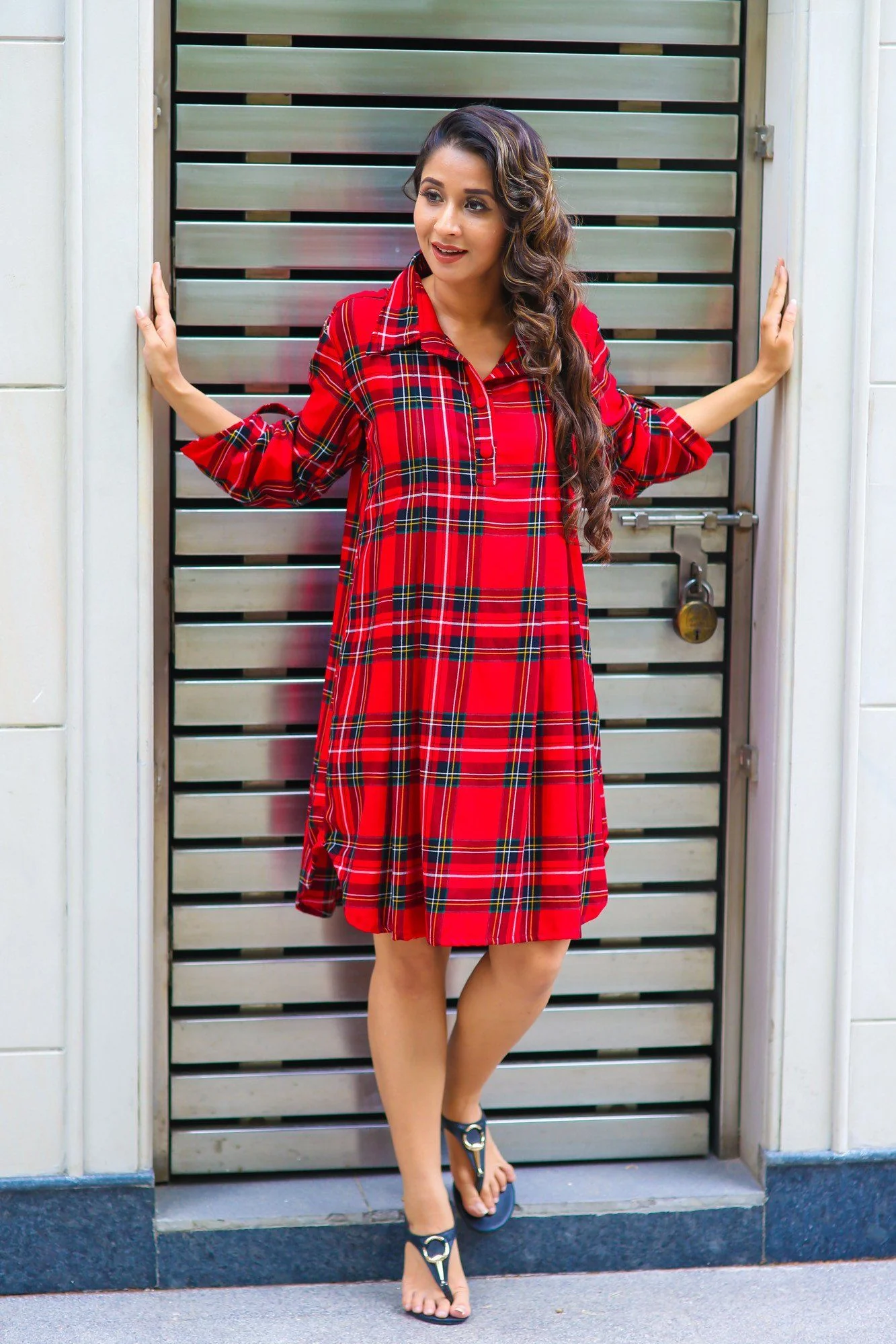 Red Plaid Versatile Maternity & Nursing Shirt Dress - Chenance