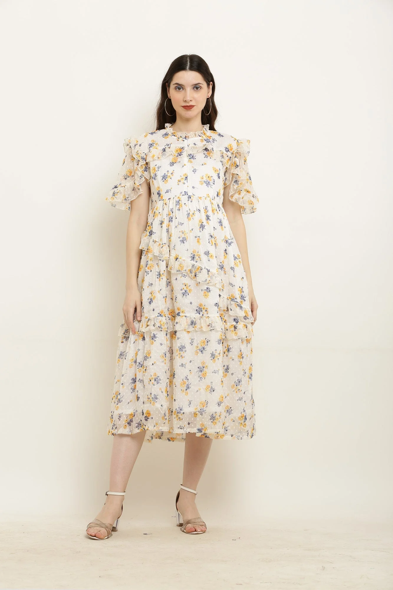 Soothing Ivory Yellow Floral Maternity & Nursing Frill Dress - Chenance