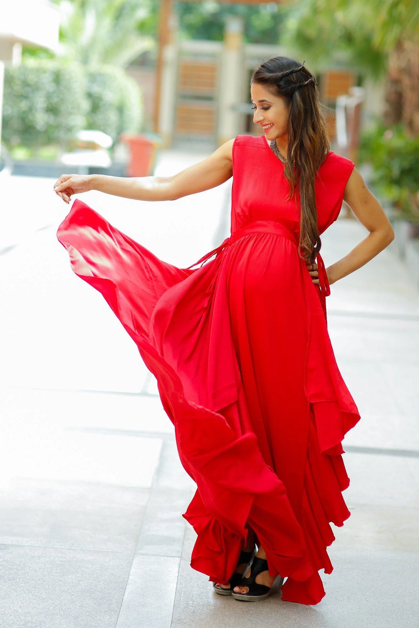 Red Luxe Maternity Sleeveless Flow Dress - Chenance