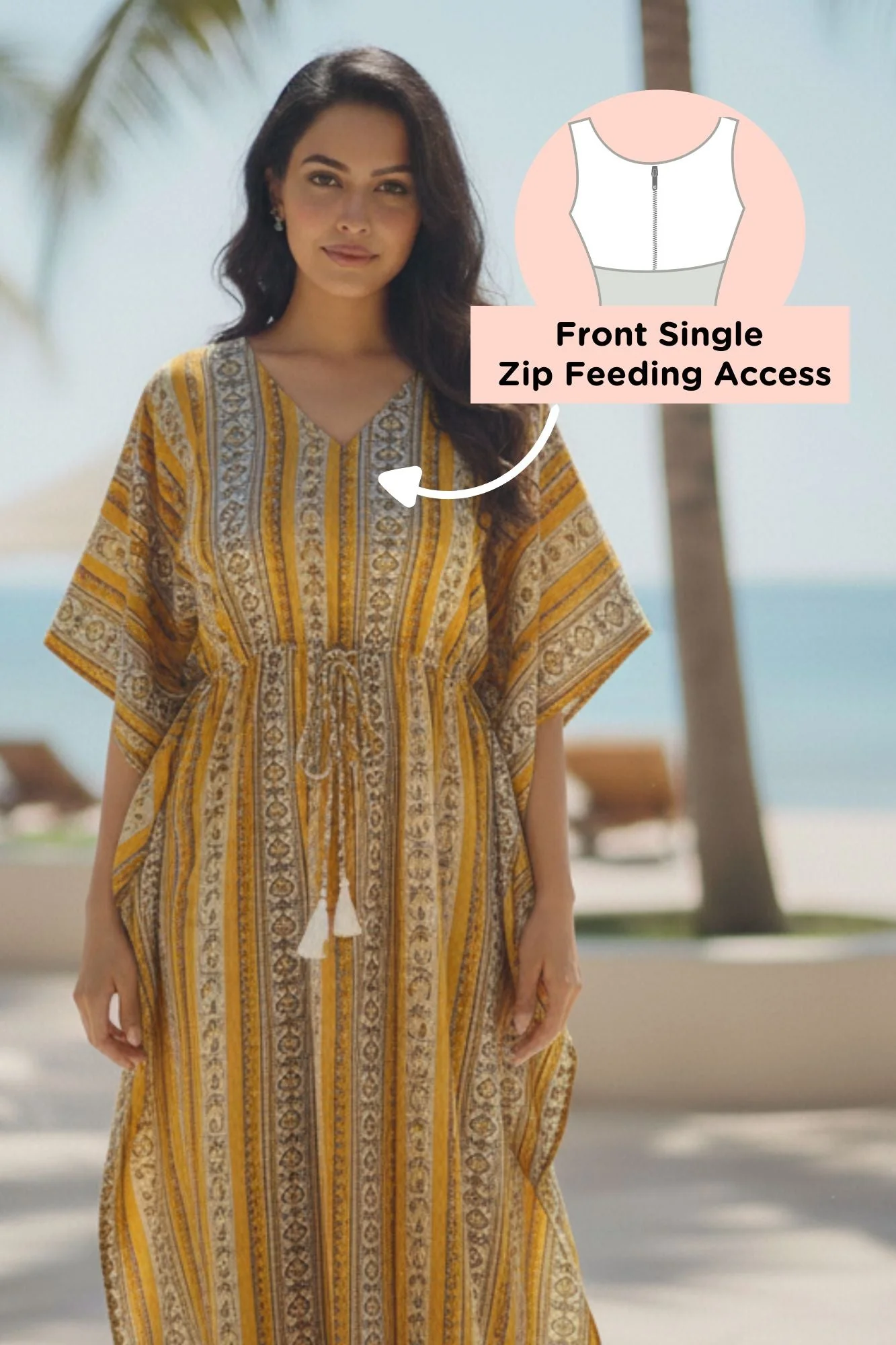 Mustard Nautical Maternity & Nursing Kaftan (100% Cotton) - Chenance