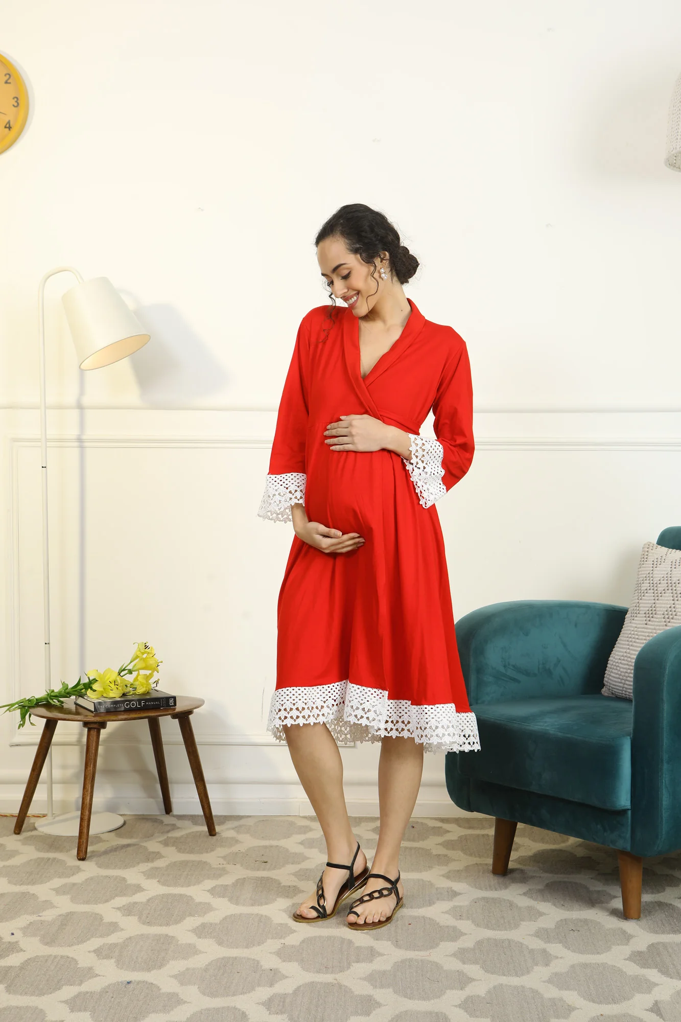 Cherry Red Lycra Maternity & Nursing Wrap Nightwear Dress/ Hospital Gown/ Delivery Robes - Chenance