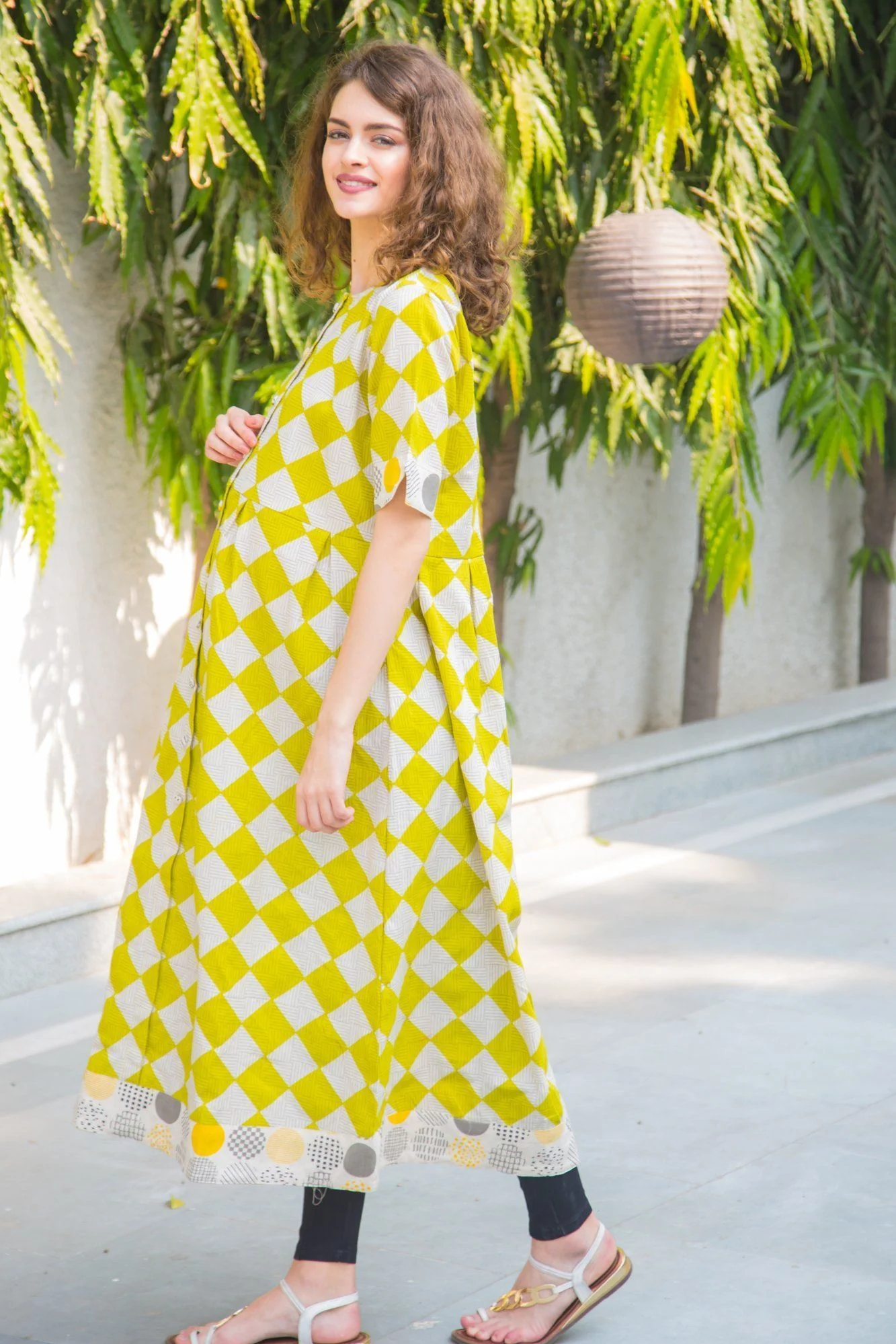 Cotton Lime Patterned Longline Maternity & Nursing Kurta - Chenance