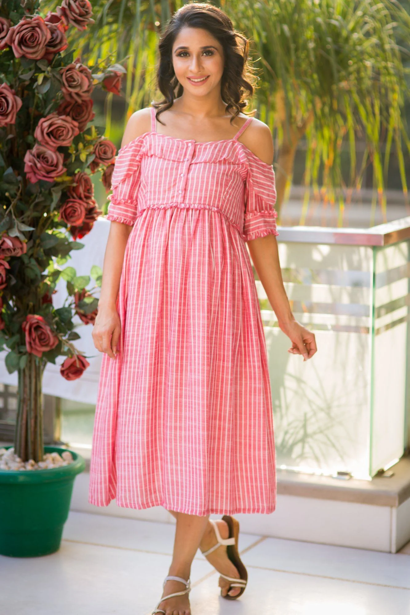 Exclusive Red Stripe Front Zip Maternity & Nursing Maxi Dress - Chenance