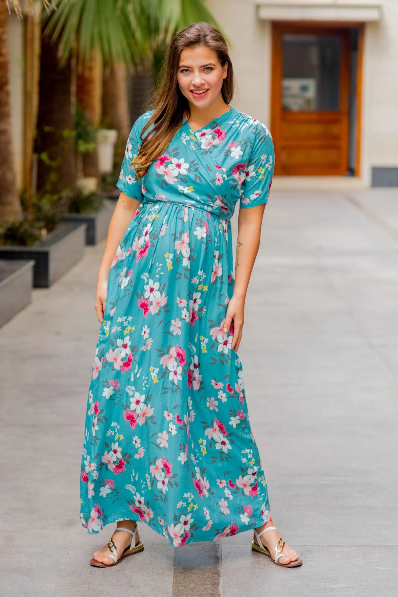 Baby Blue Floral Maternity & Nursing Wrap Dress - Chenance