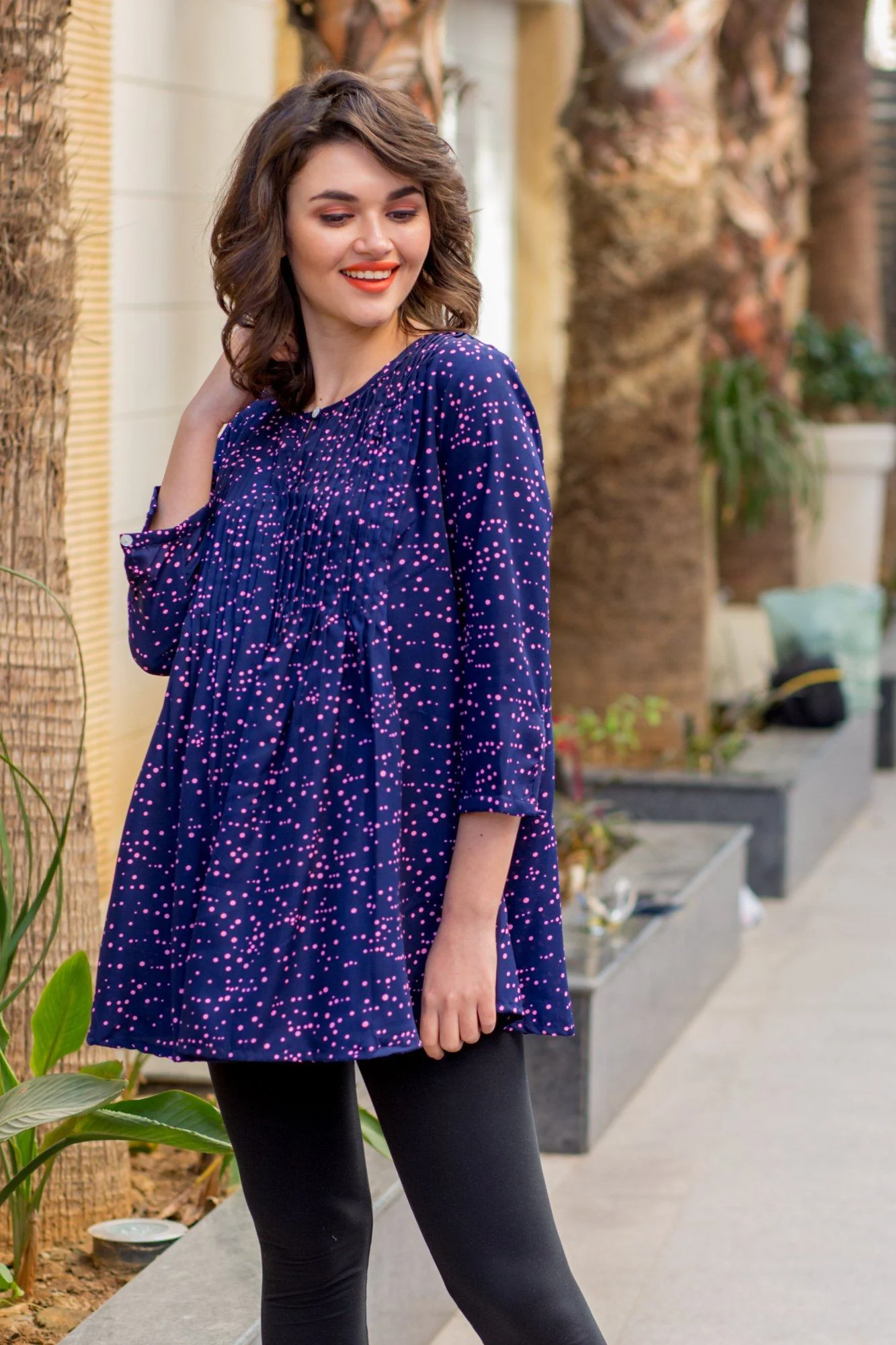 Scattered Polka Print Pintucks Maternity & Nursing Top - Chenance