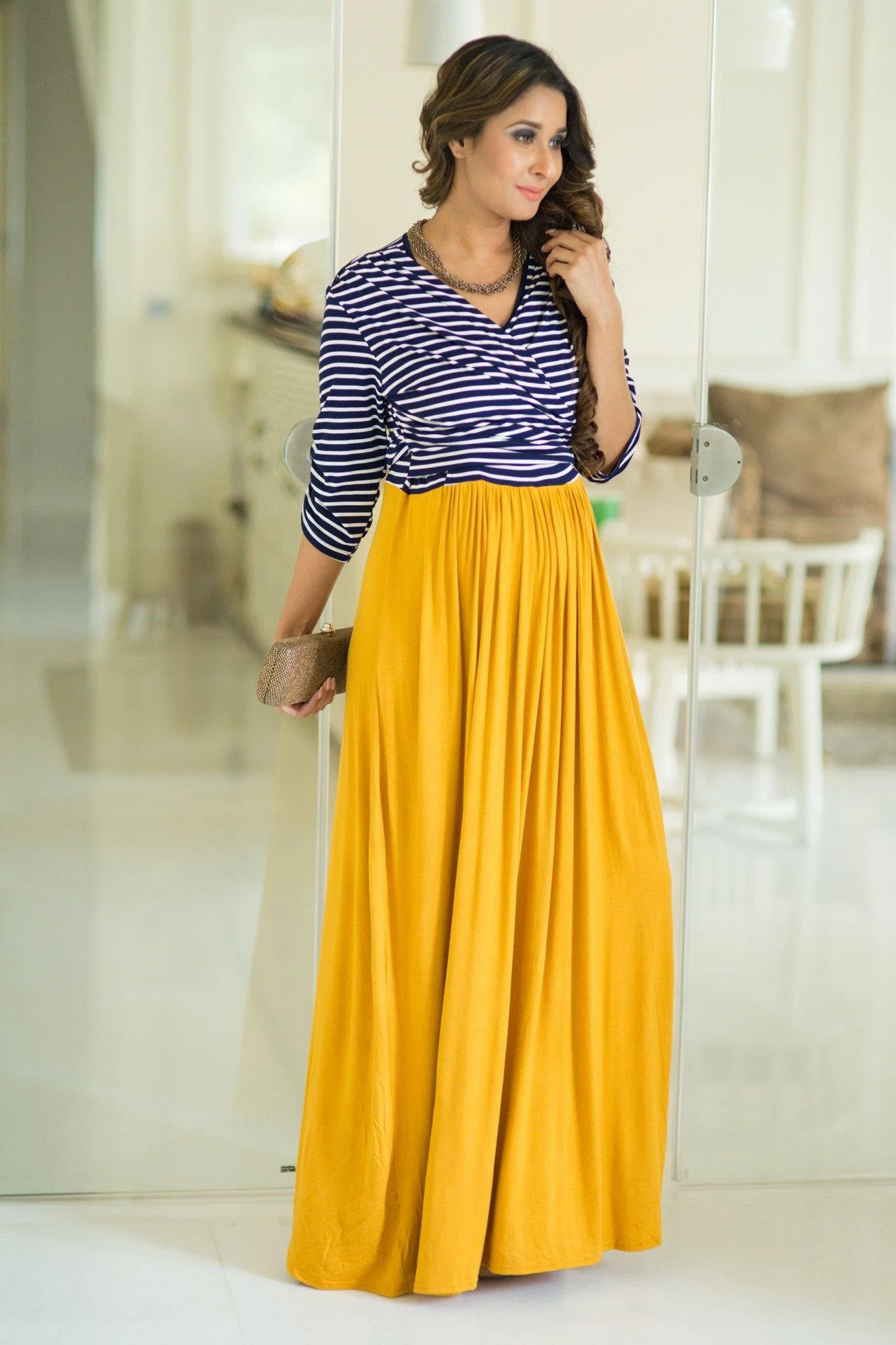 Nautical Mustard Orange Maternity & Nursing Wrap Dress - Chenance