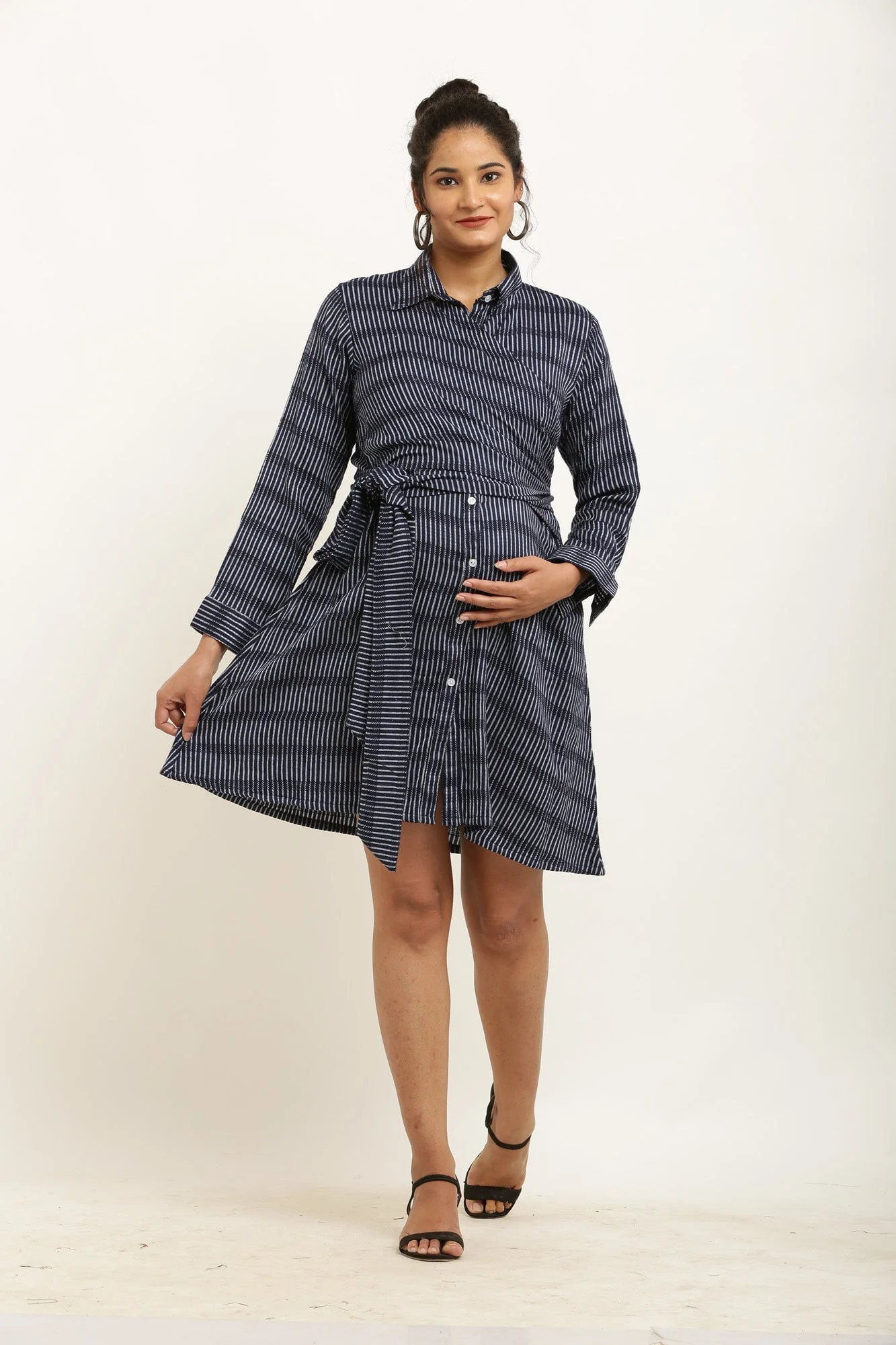 Charming Black & White Striped Maternity & Nursing Wrap Shirt Dress - Chenance