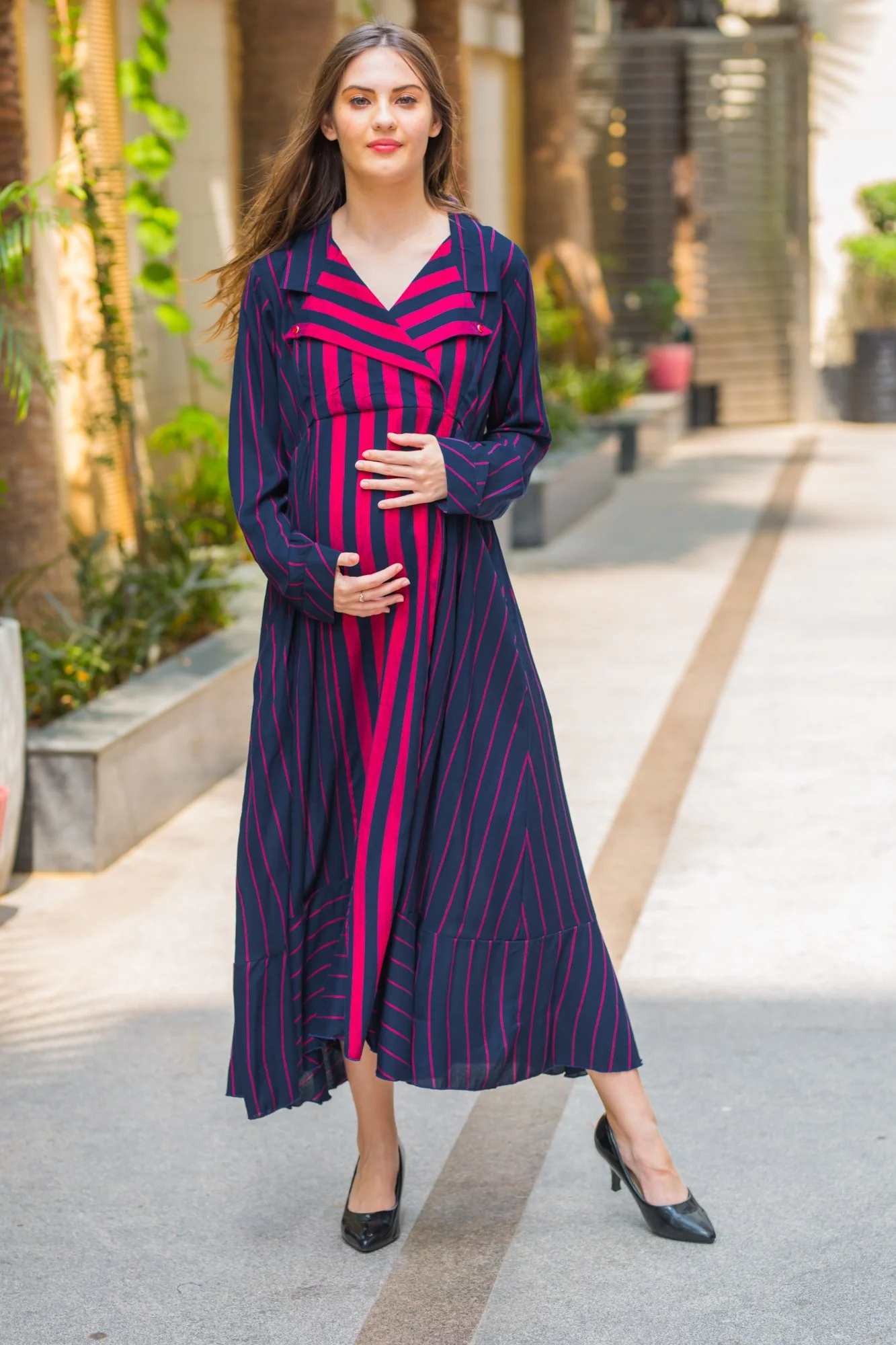 Regal Striped Maternity & Nursing Dress - Chenance