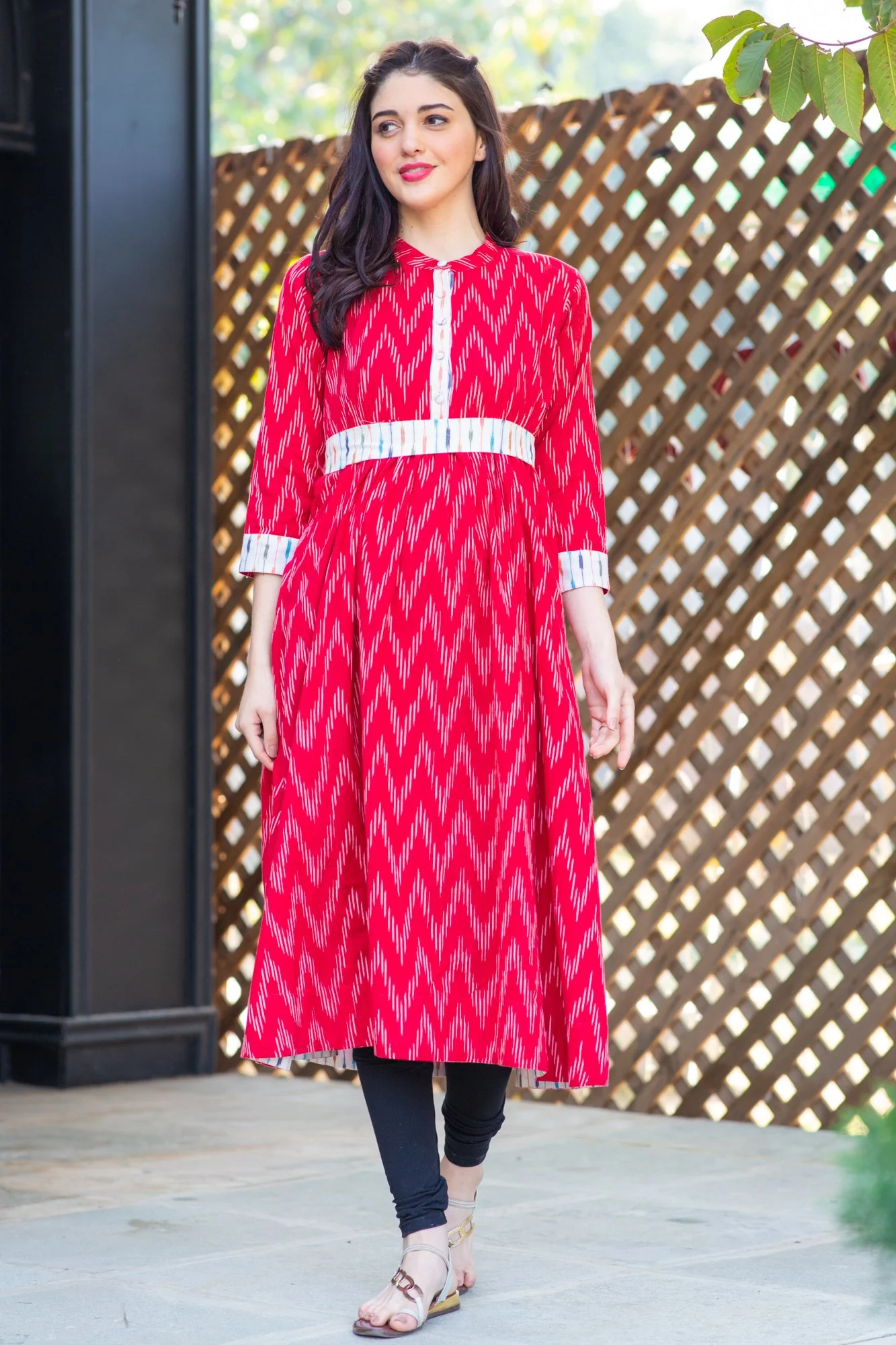 Cherry Zig-Zag Ikat Pocket Maternity & Nursing Kurta - Chenance