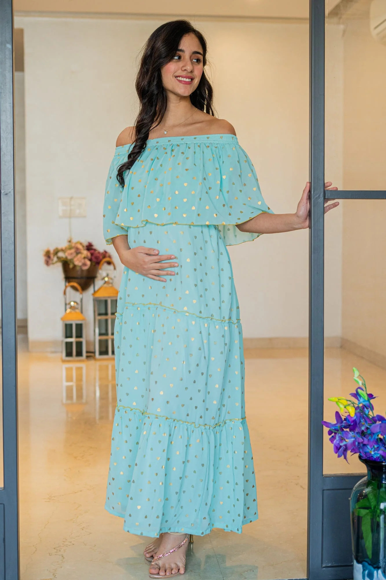 Classy Mint Love Off-Shoulder Chiffon Maternity Maxi Dress - Chenance