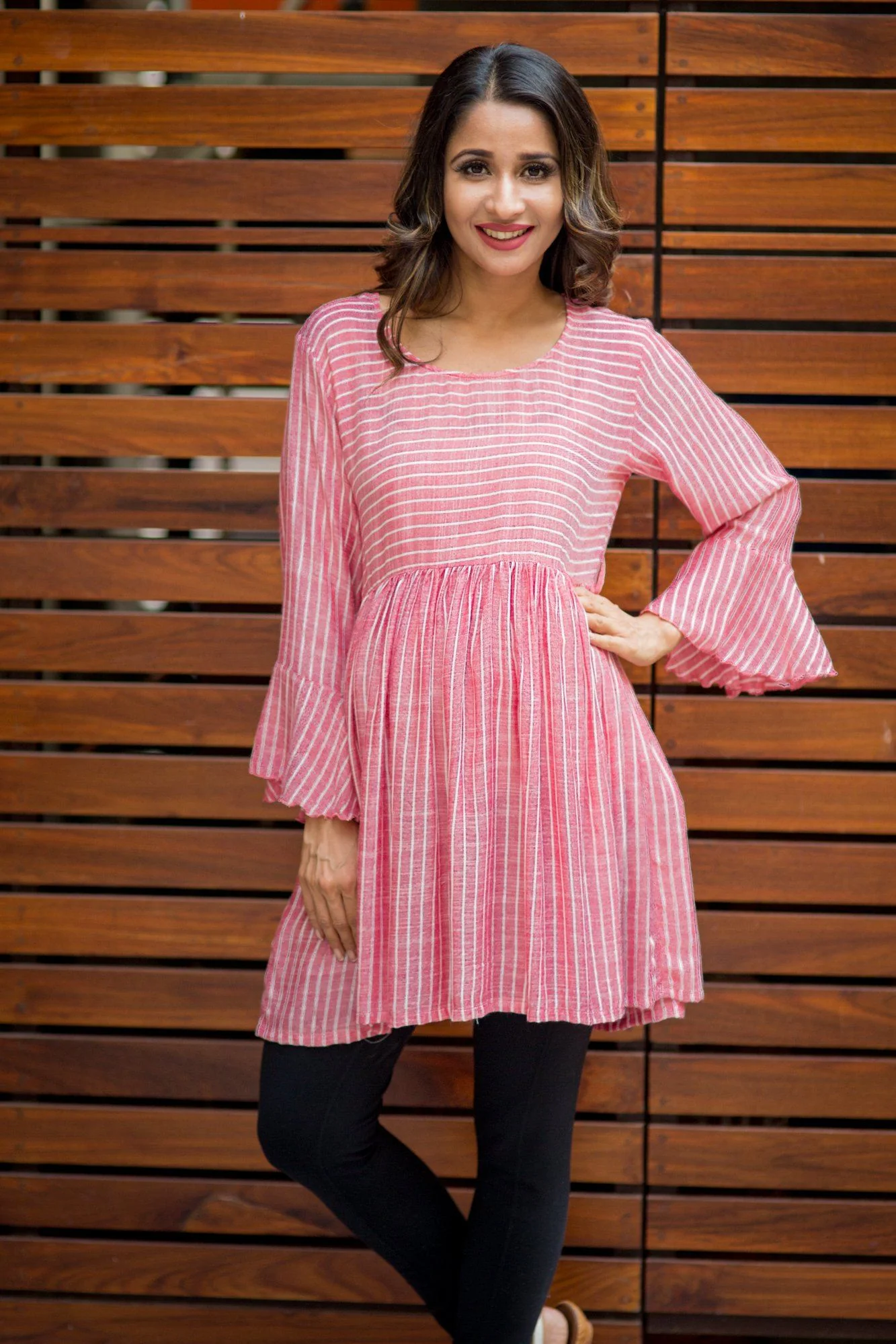 Red Striped Bell Sleeves Gathered Maternity Top - Chenance
