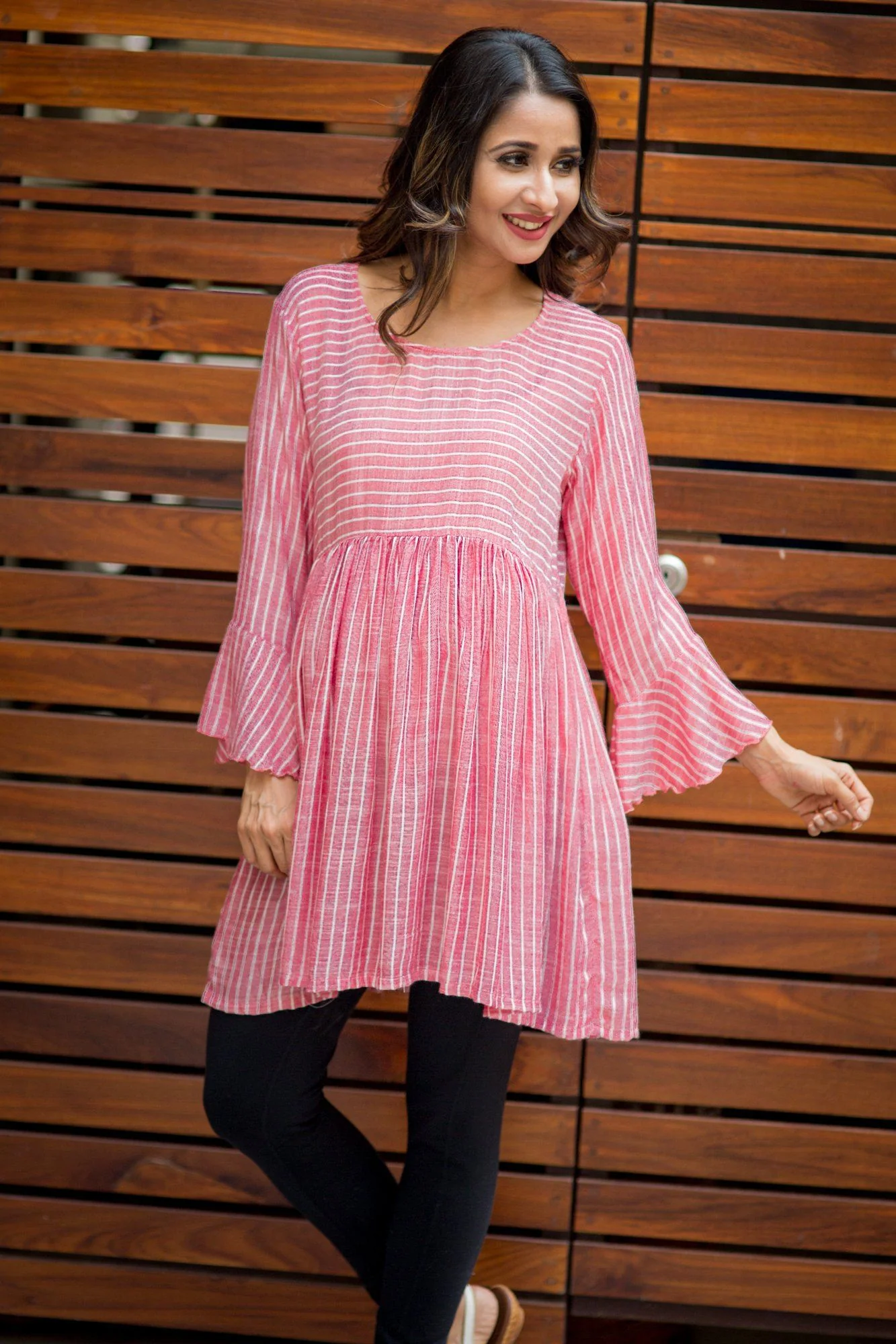 Red Striped Bell Sleeves Gathered Maternity Top - Chenance
