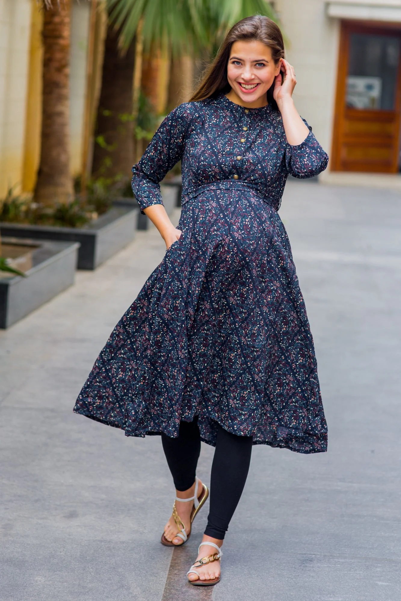 Classic Blue Gold Embellished Maternity & Nursing Kurta - Chenance