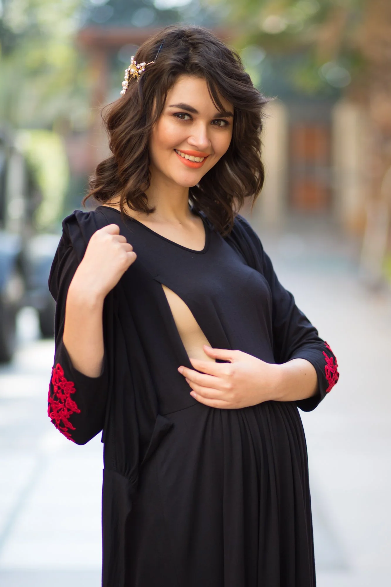 Elegant Black Red Crochet Maternity & Nursing Wrap Dress - Chenance