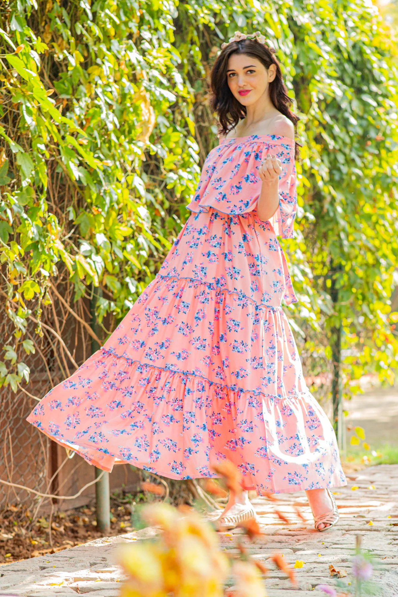 Botanical Pink Off-Shoulder Maternity Maxi Dress - Chenance