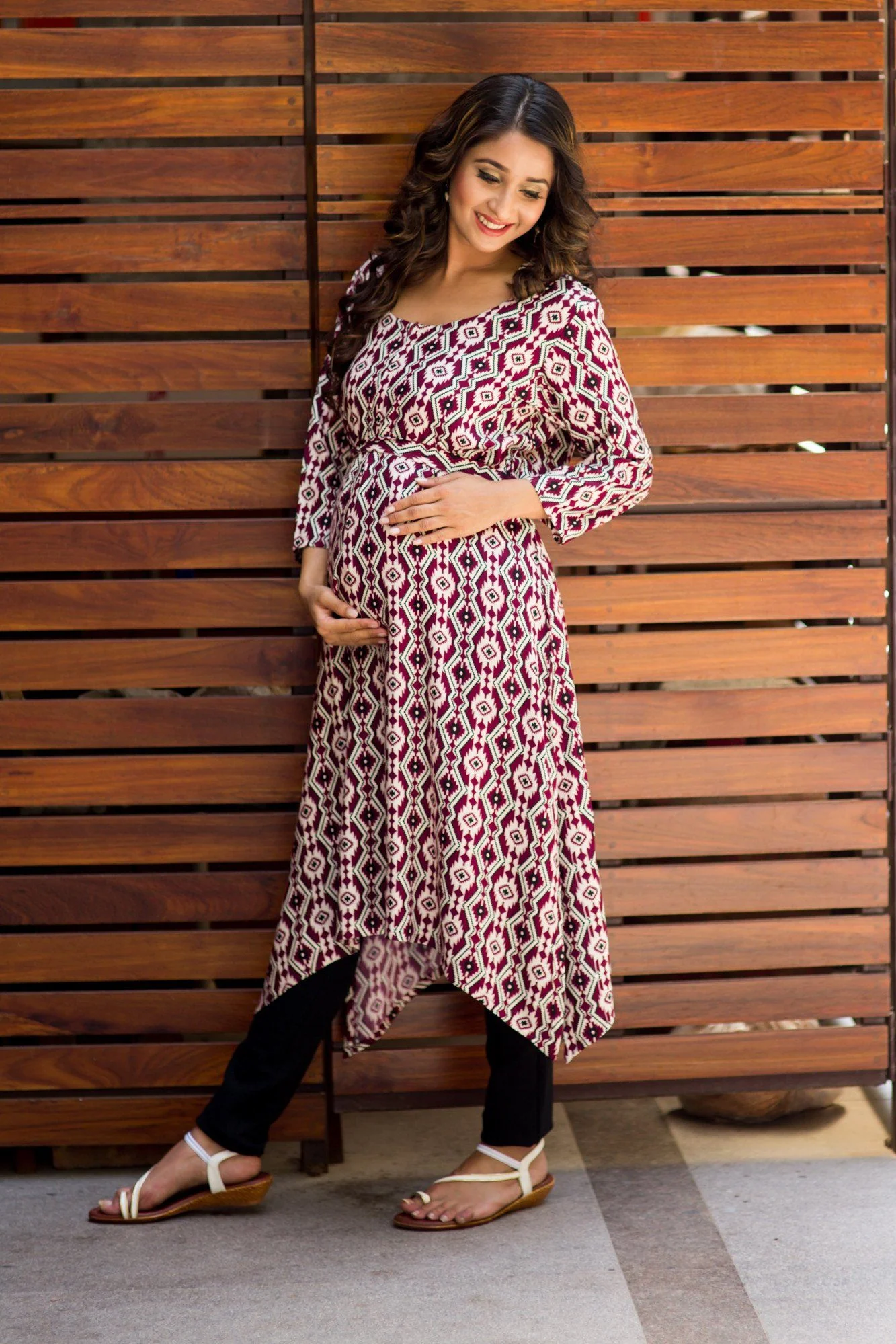 Burgandy Print Front Zip Nursing Kurta - Chenance