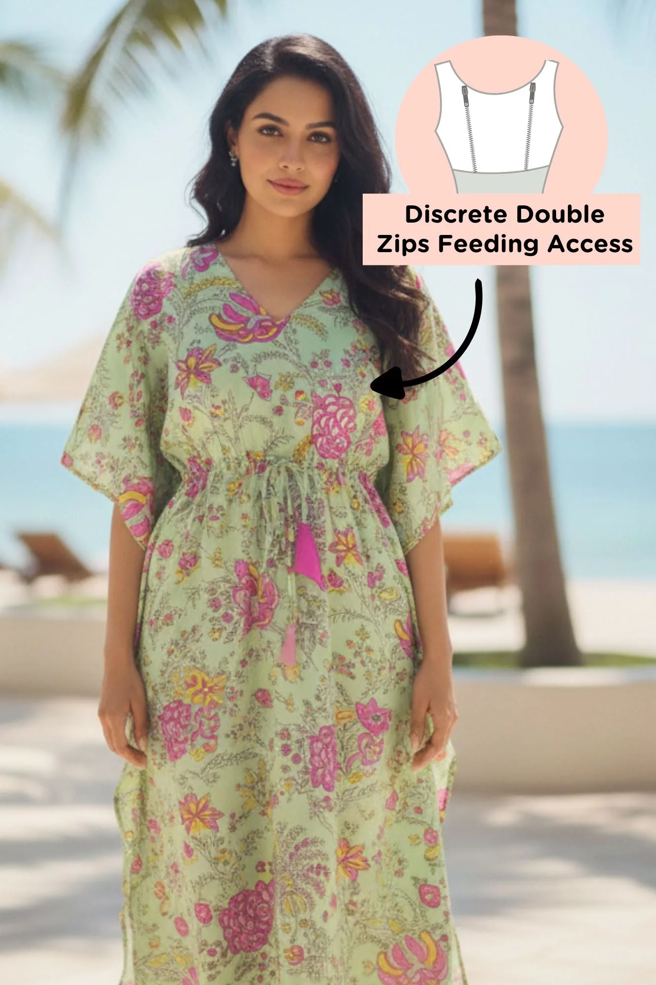 Green Floral Maternity & Nursing Kaftan (100% Cotton) - Chenance