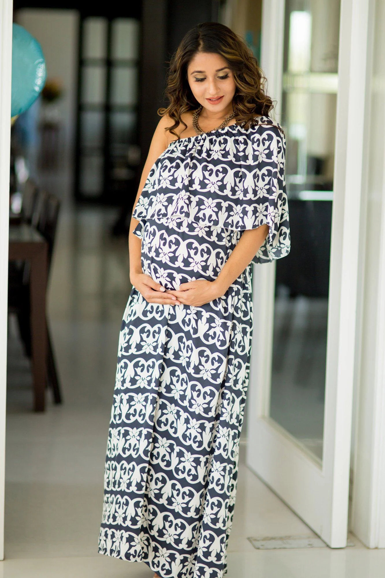 Baroque Print One Shoulder Maternity Maxi Dress - Chenance