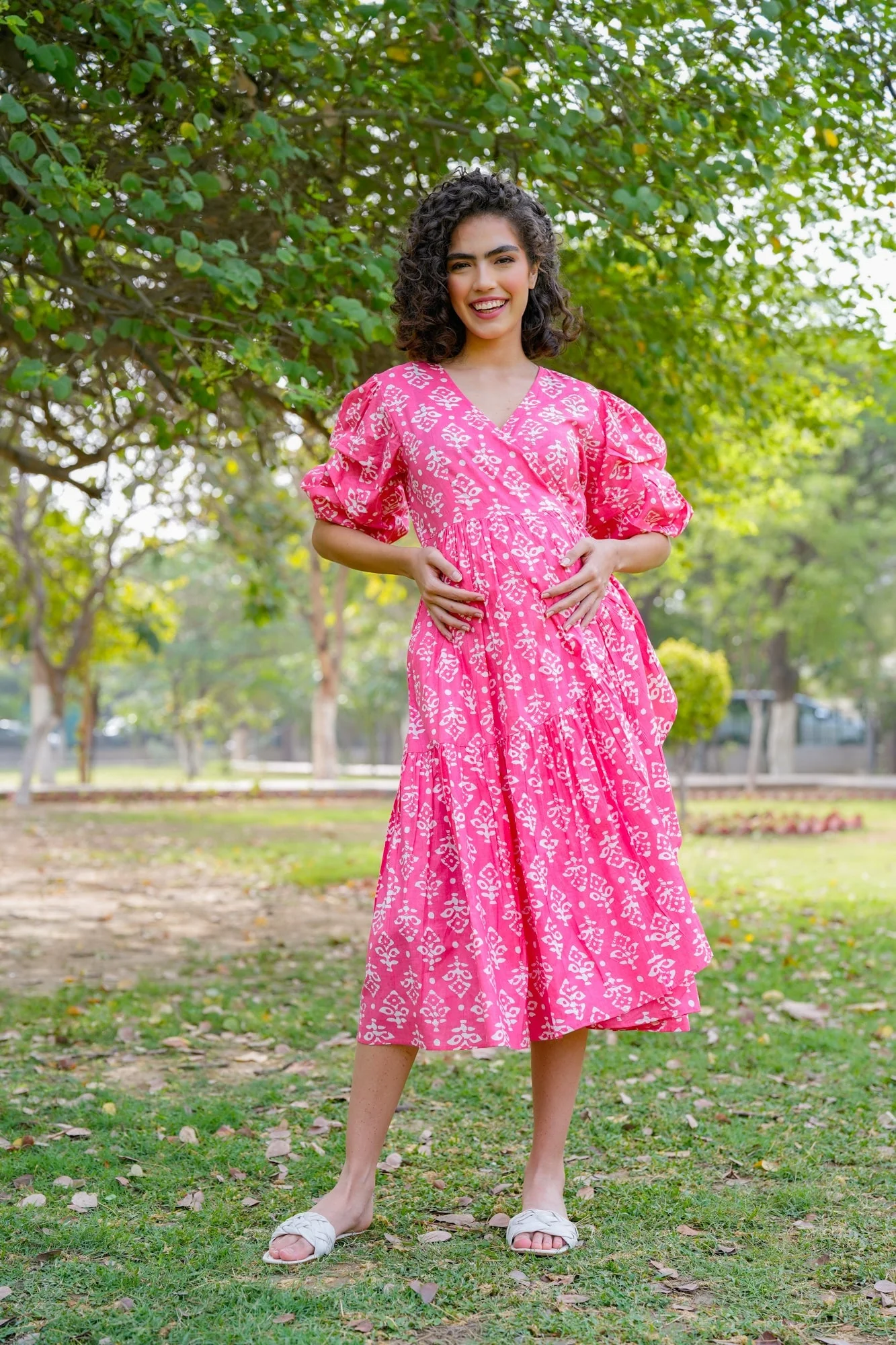 Winsome Baby Pink Maternity & Nursing Frill Wrap Dress (100% Cotton) - Chenance