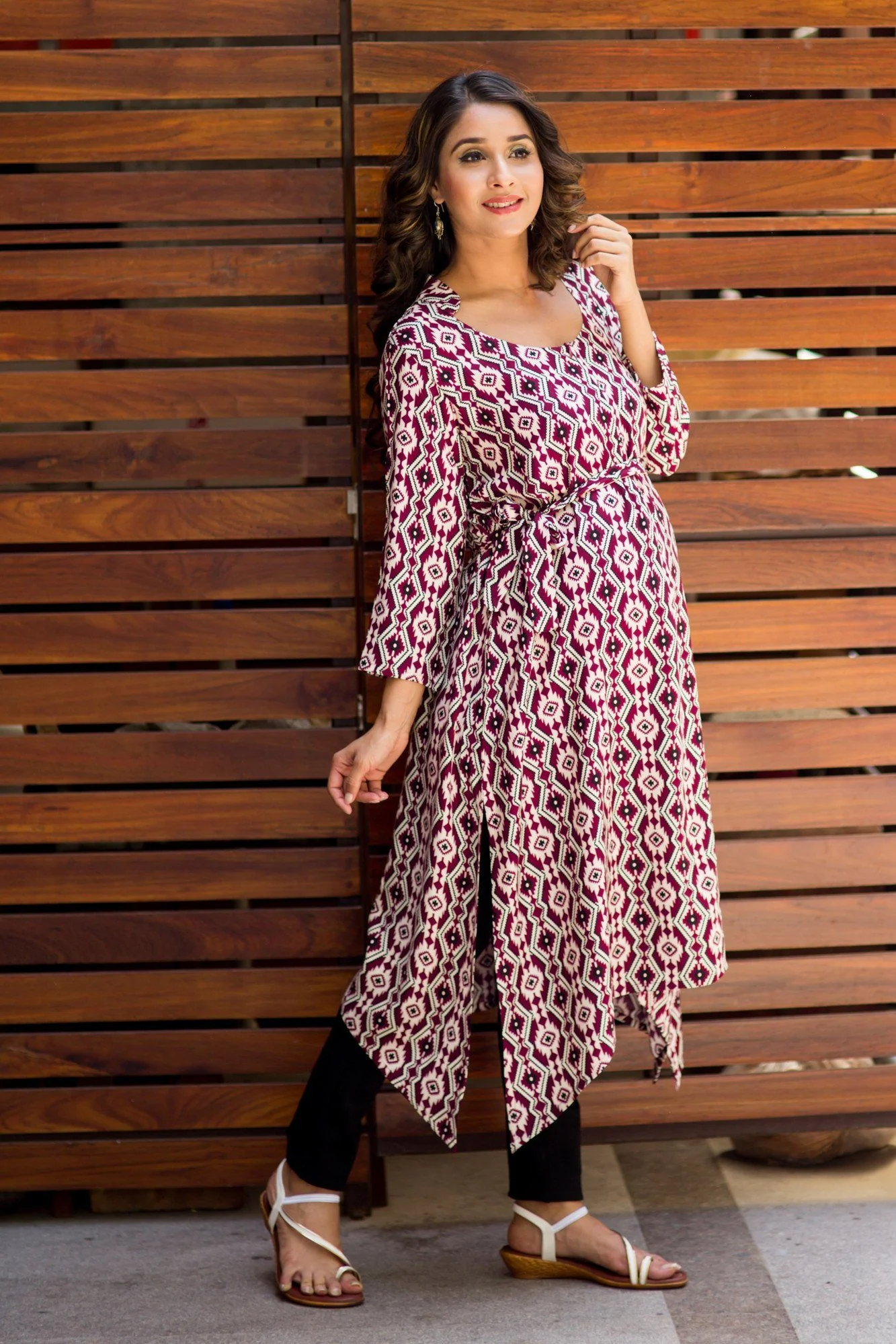 Burgandy Print Front Zip Nursing Kurta - Chenance