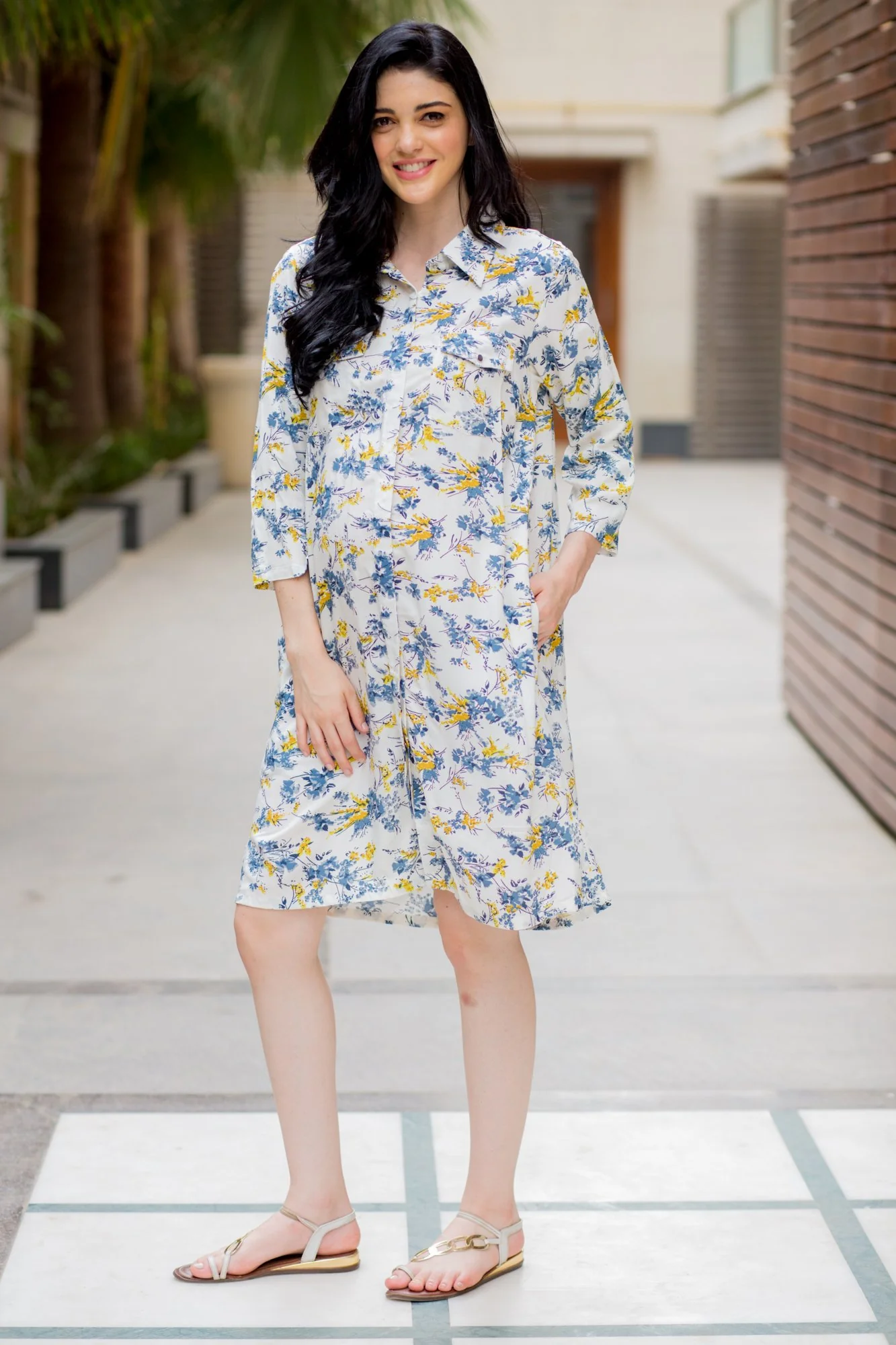 White Floral Maternity & Nursing Shirt Dress - Chenance