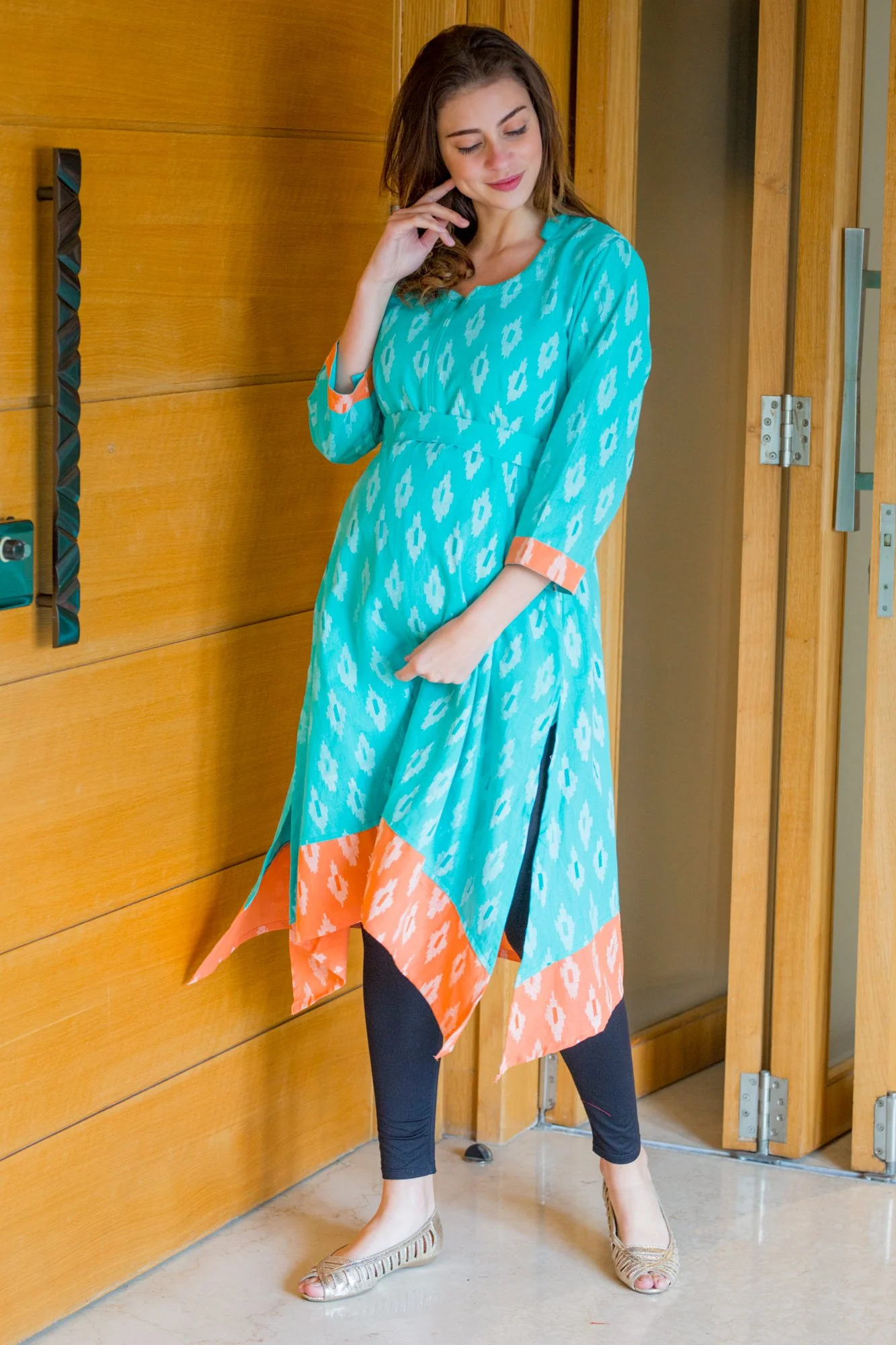 Peachy Mint Front Zip Ikat Nursing Kurta - Chenance