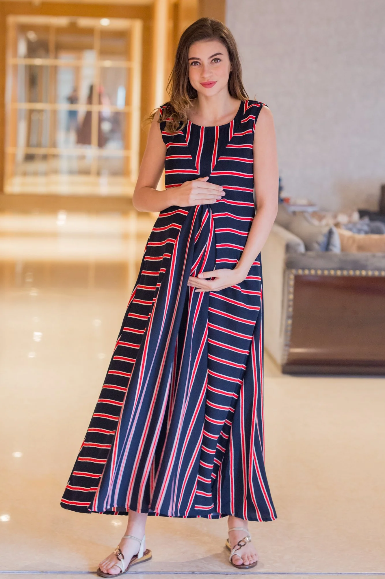 Nautical Chic Striped Maternity and Nursing Maxi Dress - Chenance