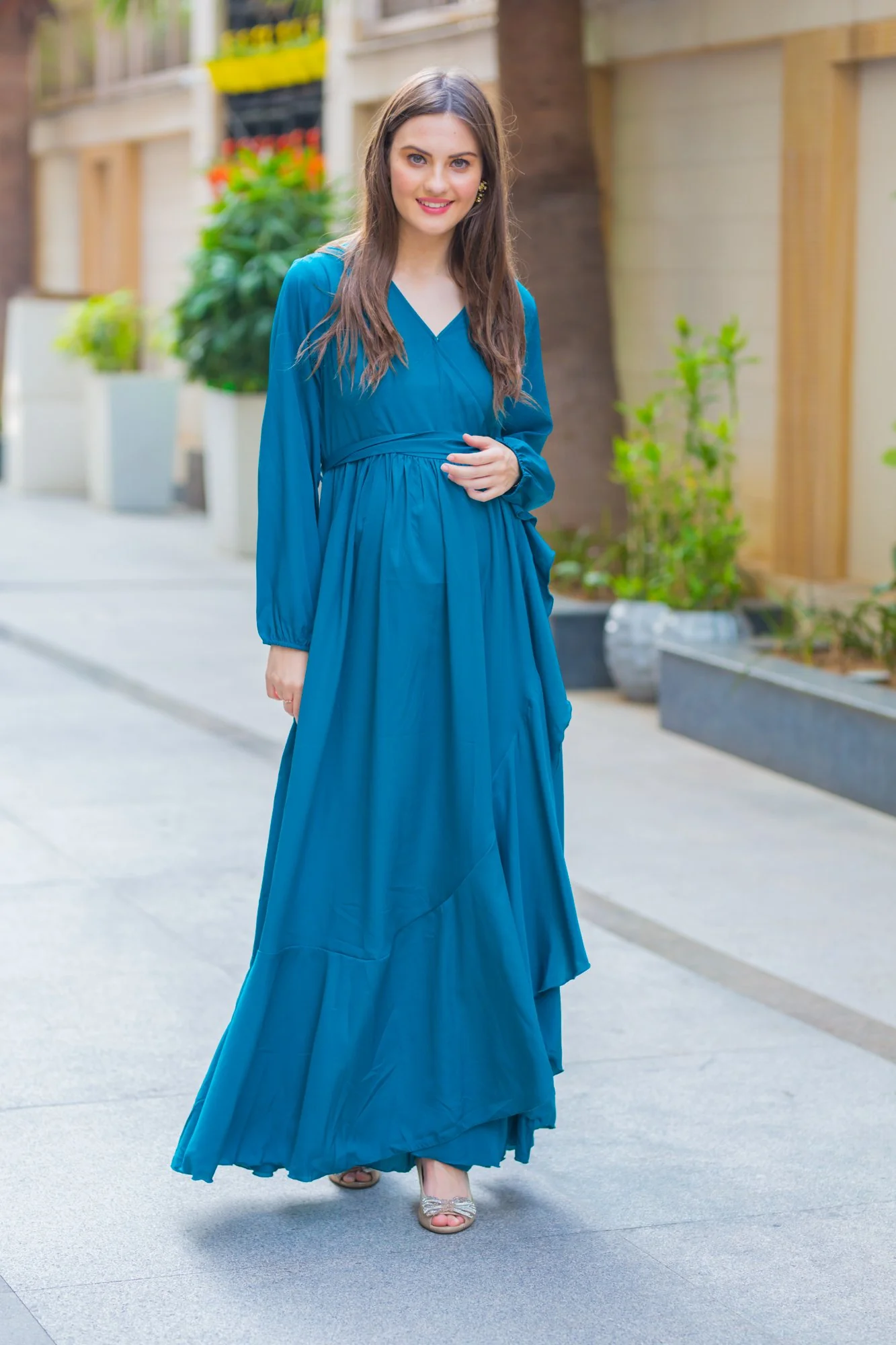 Ocean Blue Frill Maternity & Nursing Dress - Chenance