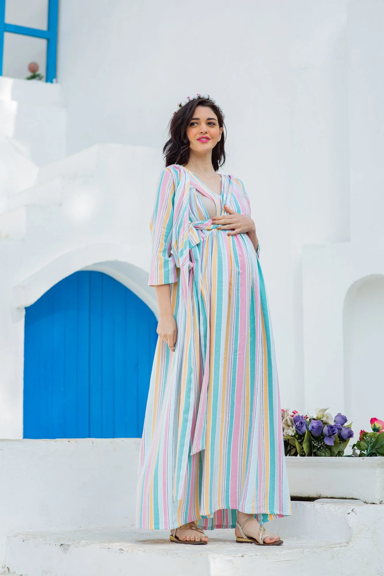 Pastel Striped Maternity & Nursing Wrap Dress - Chenance