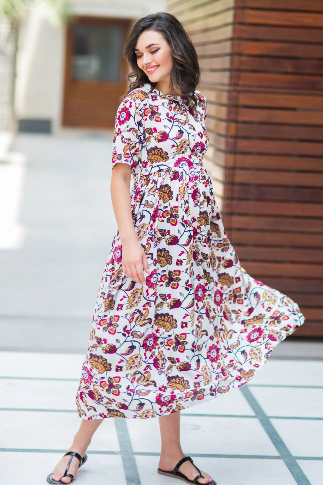 White Floral Maternity & Nursing Kurta Dress - Chenance