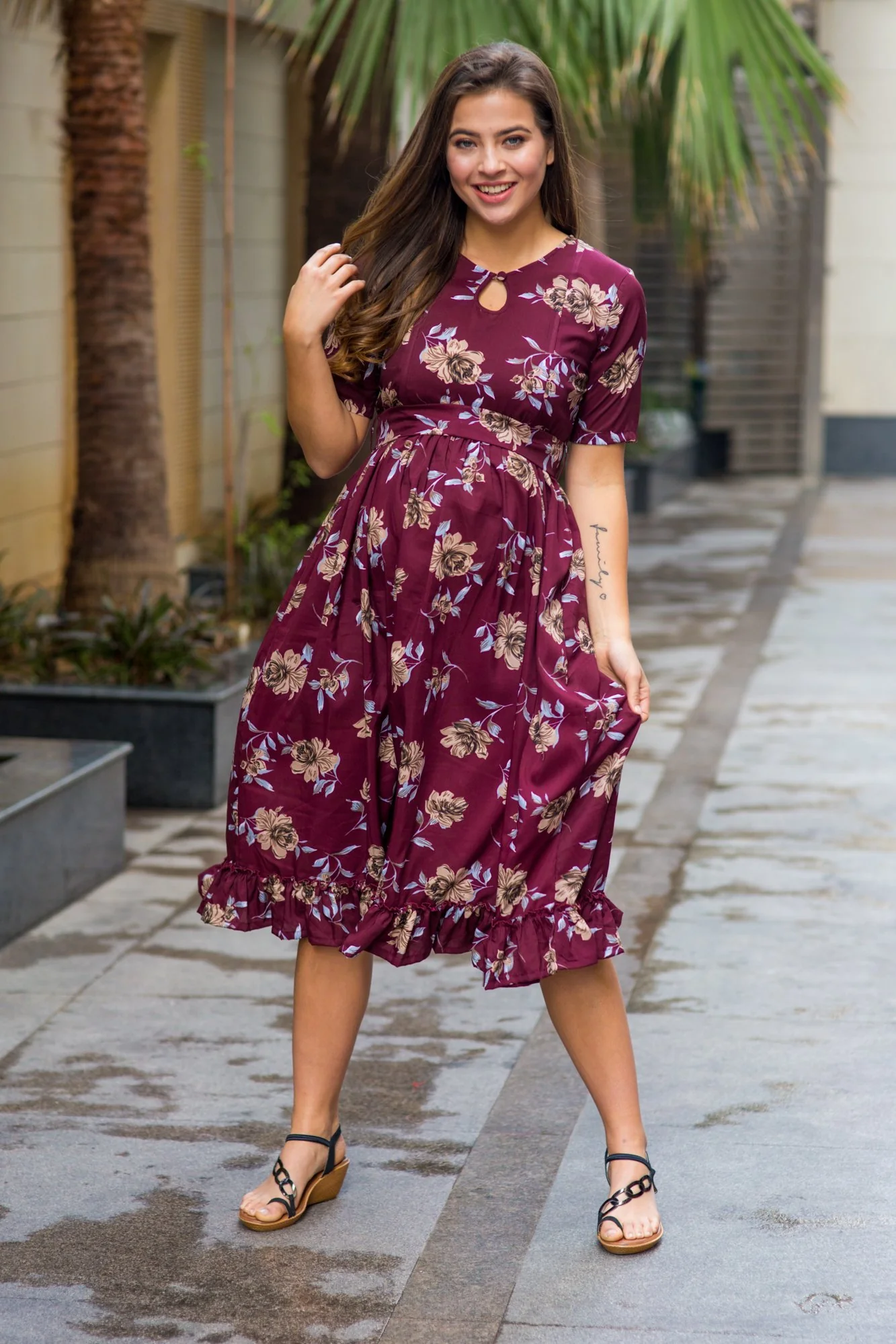 Burgandy Floral Frill Crepe Concealed Zips Maternity & Nursing Dress - Chenance