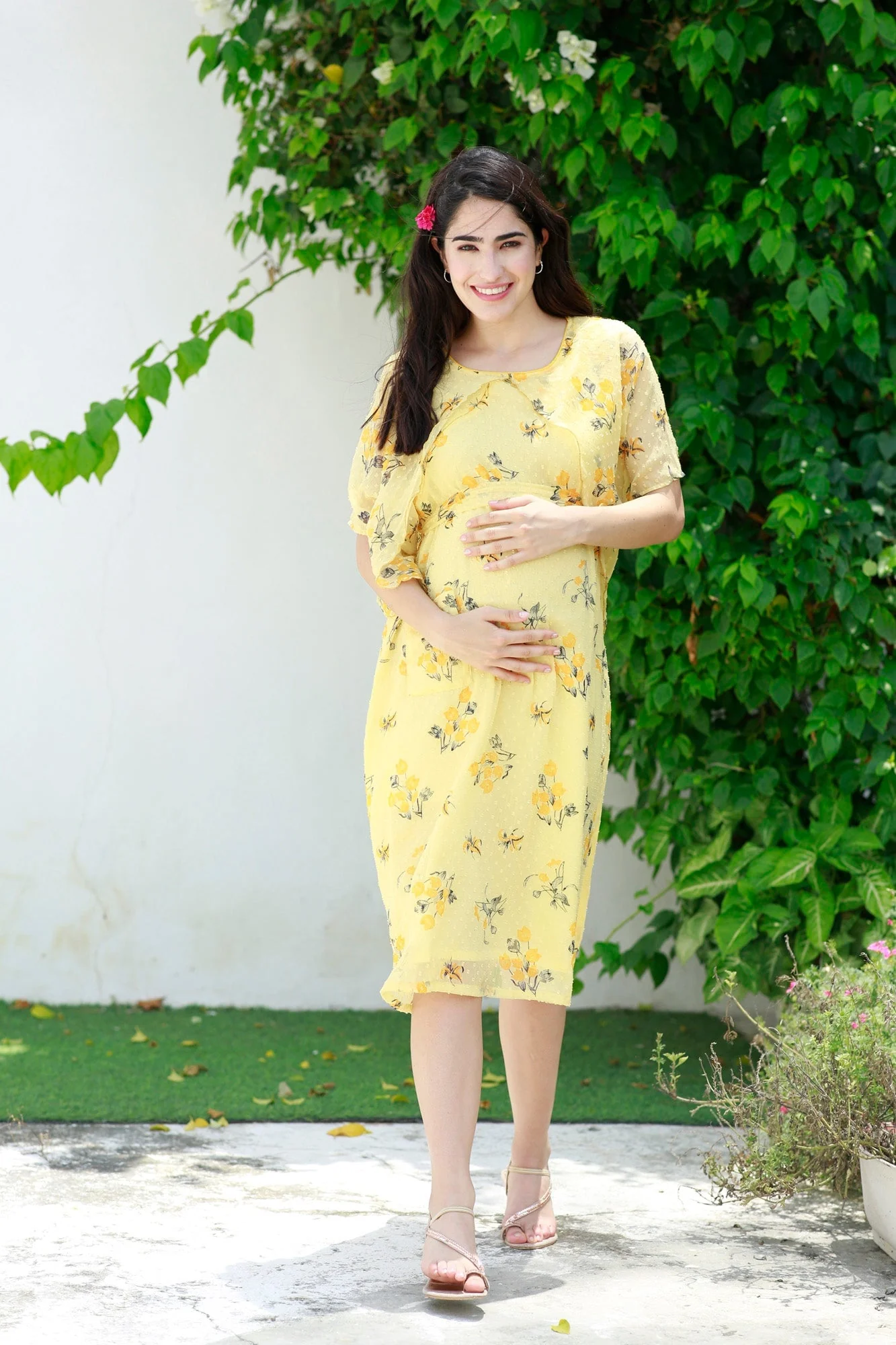 Yellowish Cream Blossom Maternity & Nursing Dress - Chenance
