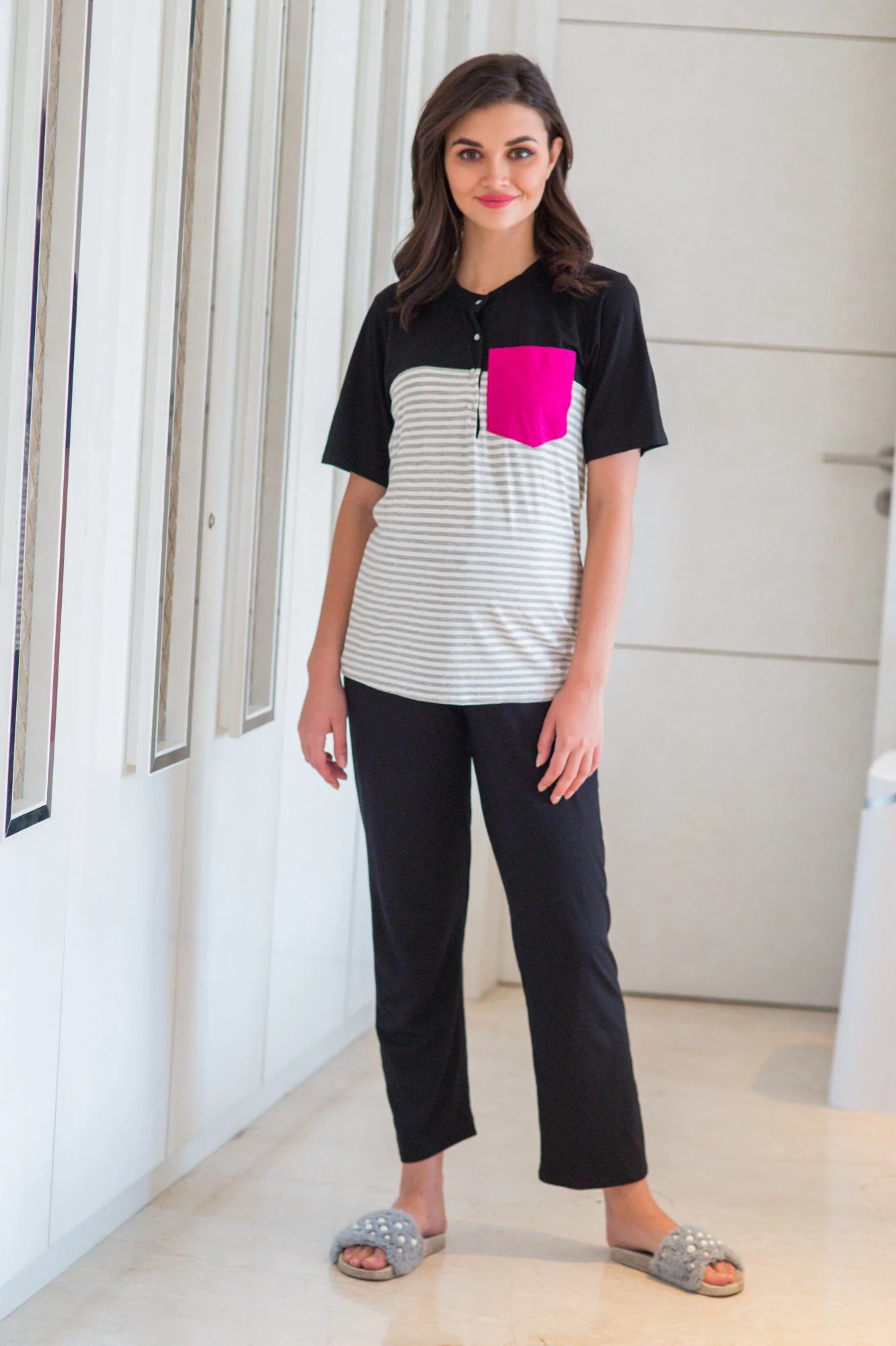 Set of Two - Striped Black Lounge Maternity & Nursing Pyjamas Set - Chenance