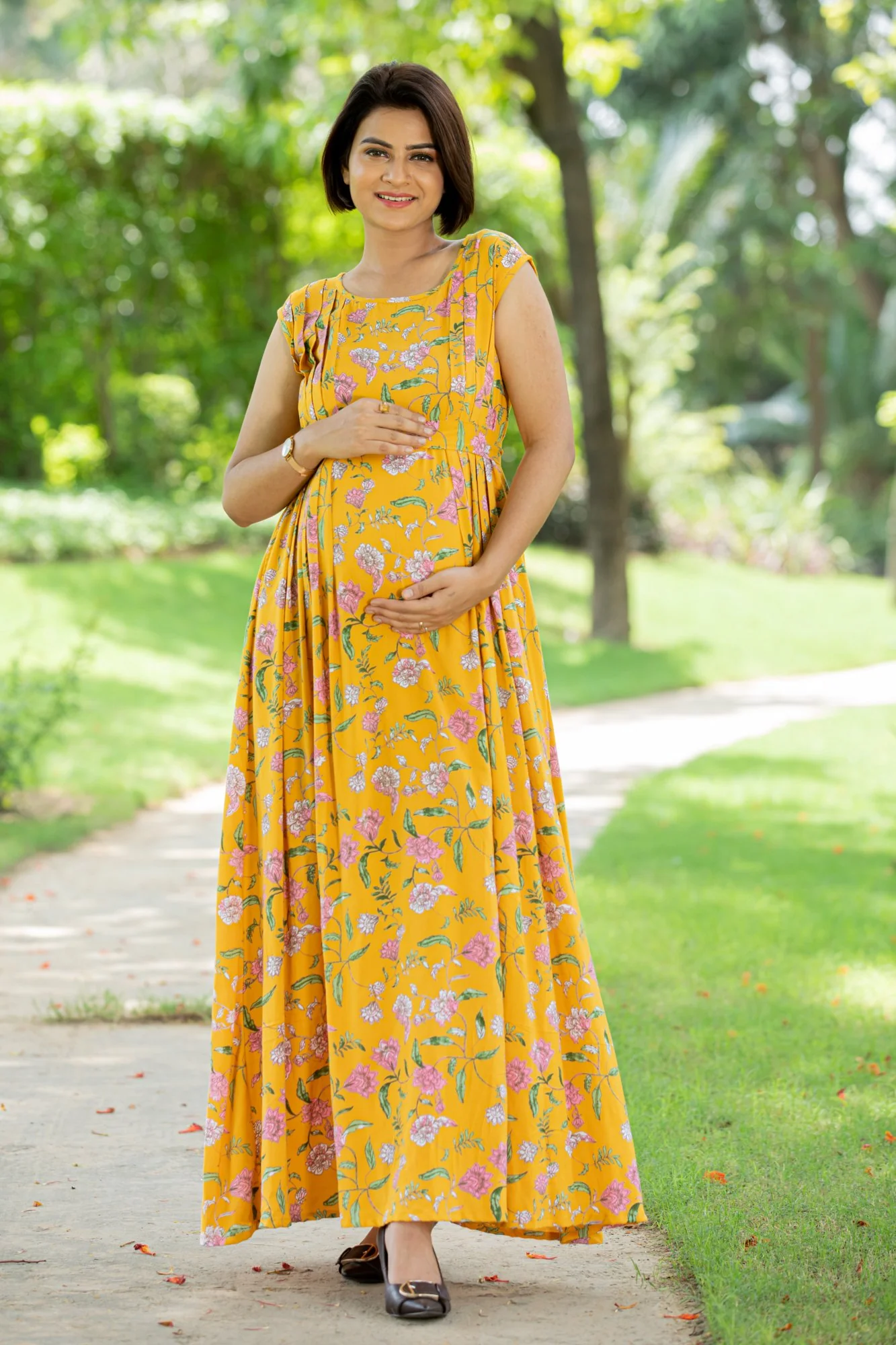 Yellow Lilly Pintucks Concealed Zips Dress - Chenance