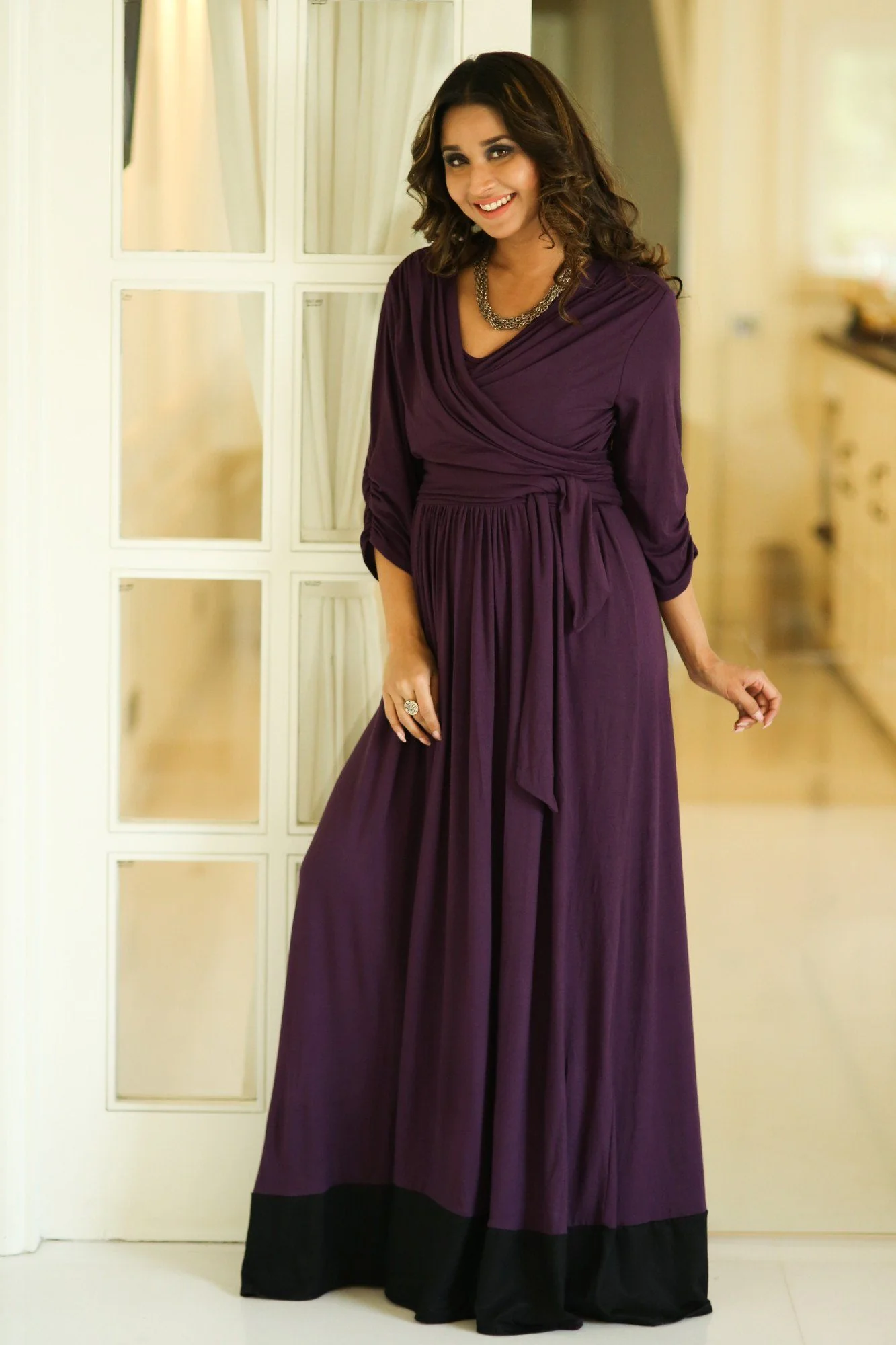 Plum Contrast Front Wrap Maternity & Nursing Dress - Chenance