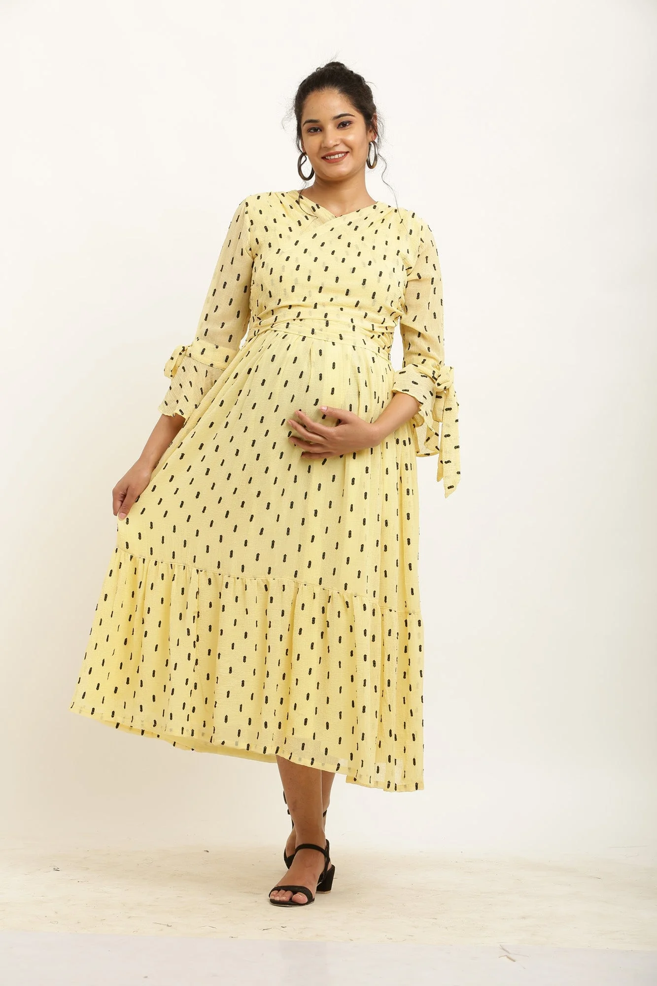 Pretty Yellow Maternity & Nursing Wrap Midi Dress - Chenance