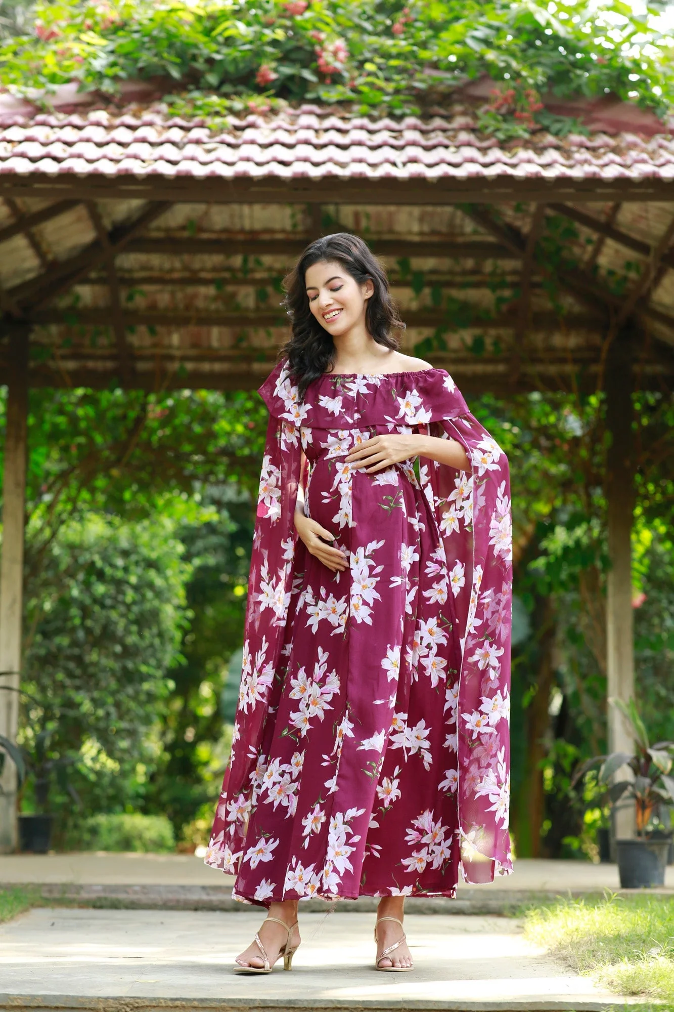 Burgundy Cascading Floral Flying Sleeves Maternity & Nursing Dress - Chenance