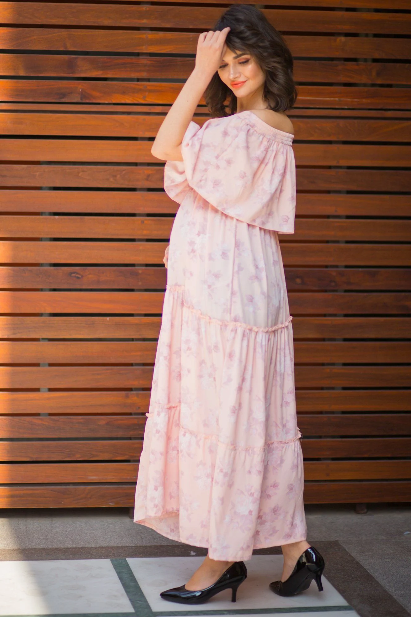 Peach Floral Off-Shoulder Maternity Maxi Dress - Chenance