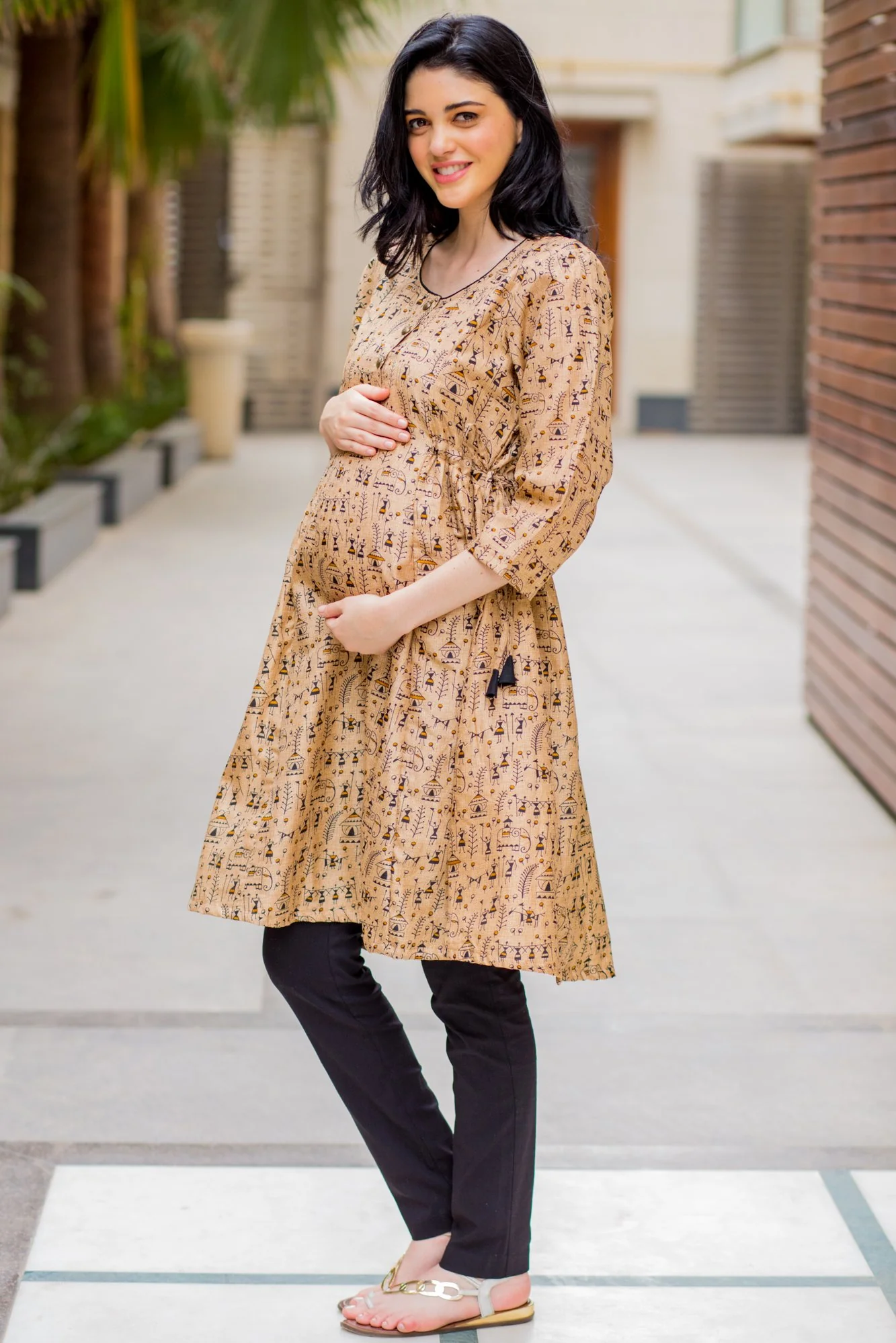 Beige Worli Maternity & Nursing Side Tie Kurta Dress - Chenance
