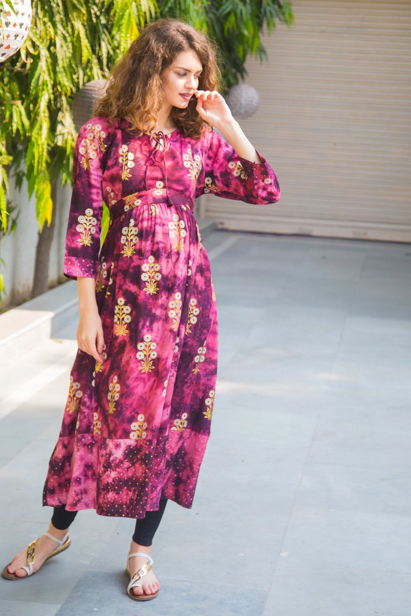 Festive Purple Baltic Foil Print Maternity & Nursing Kurta - Chenance
