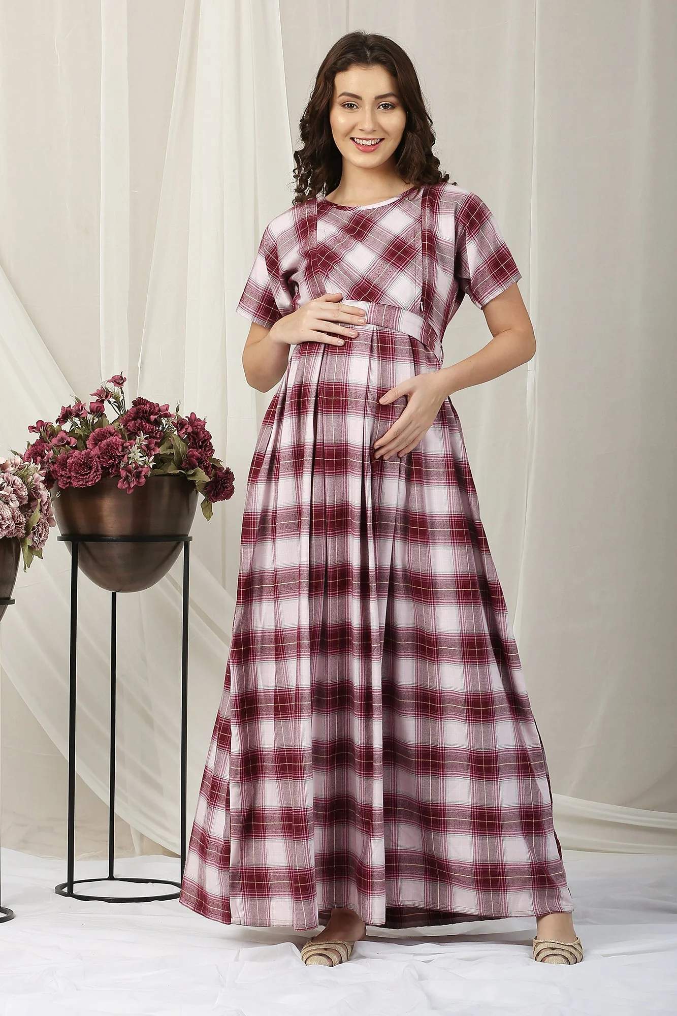Classic Tartan Checks Berry Red Maternity & Nursing Dress - Chenance