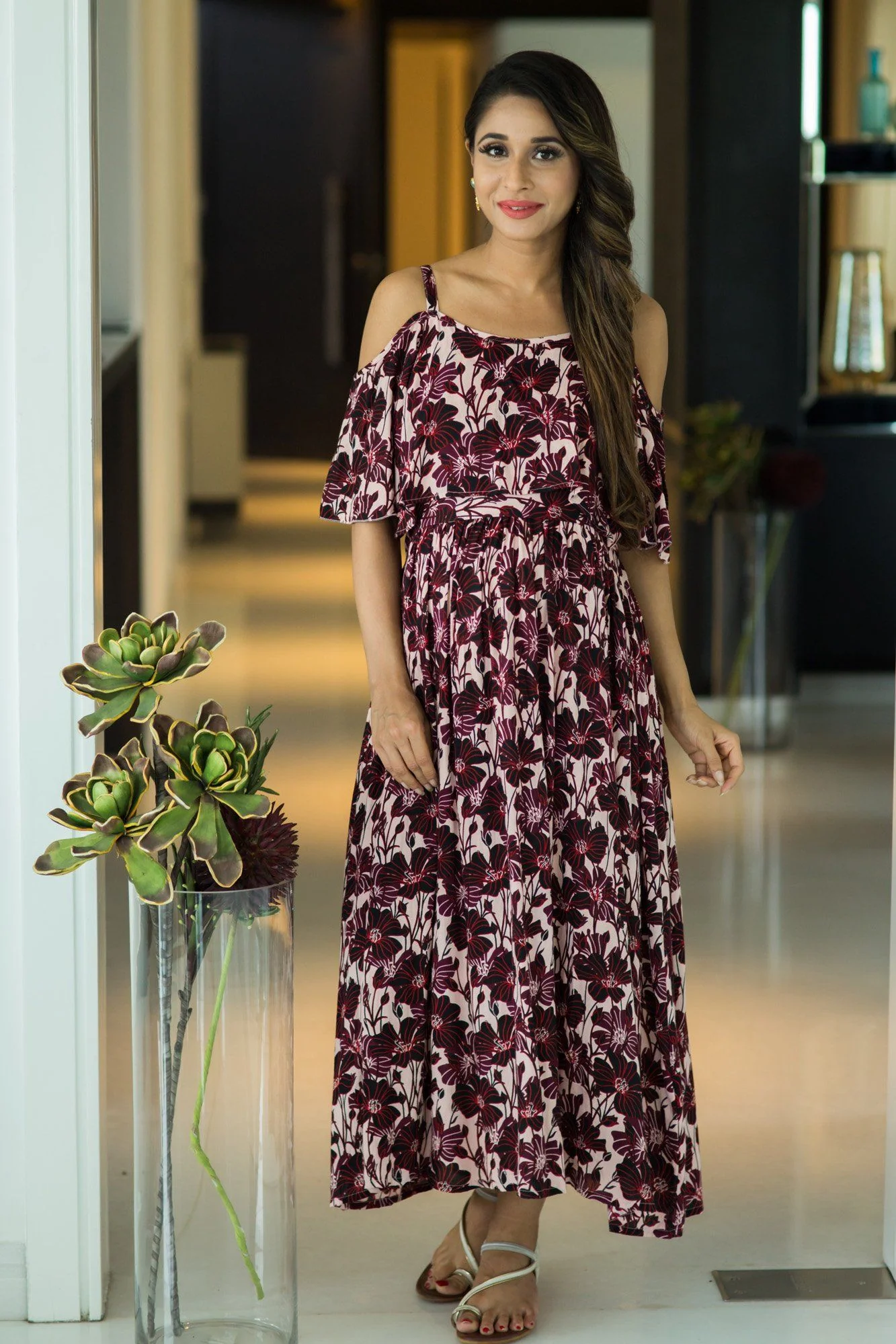 Mulberry Floral Cold Shoulder Maternity & Nursing Maxi Dress - Chenance