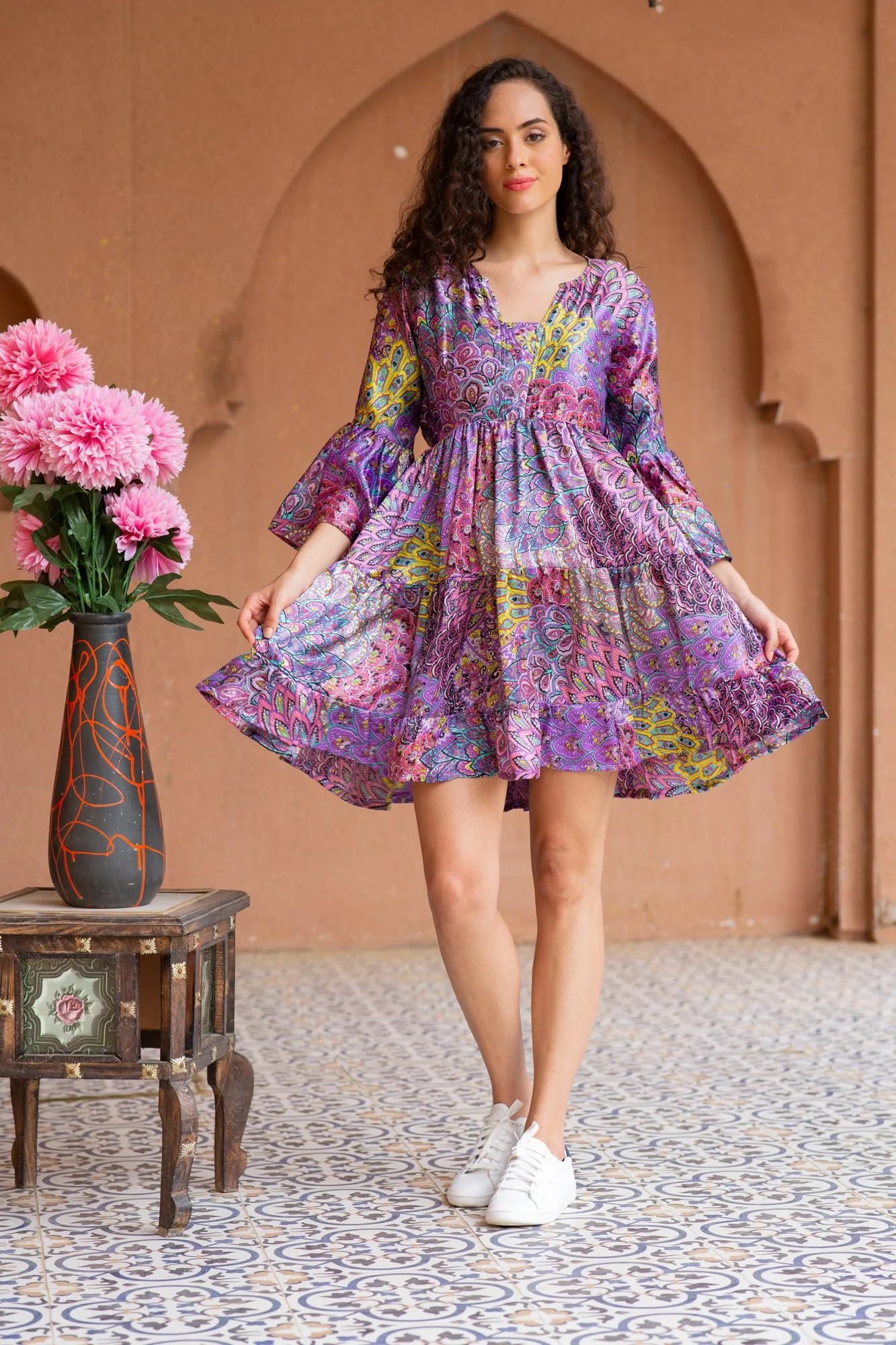 Peppy Floral Plum Satin Maternity Knee Dress - Chenance