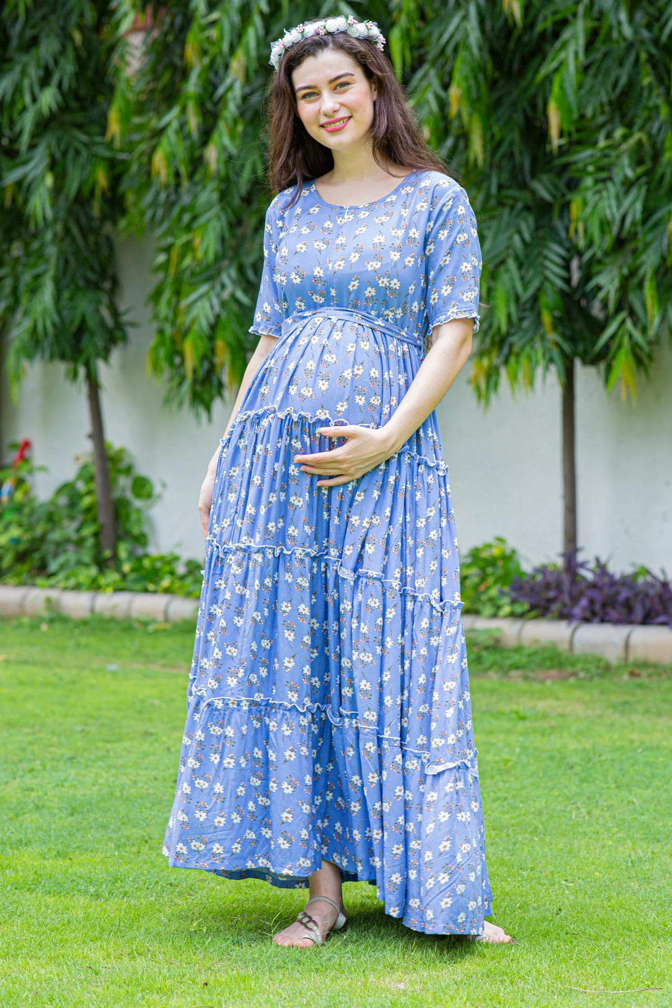 Baby Blue Frill Maternity & Nursing Dress - Chenance