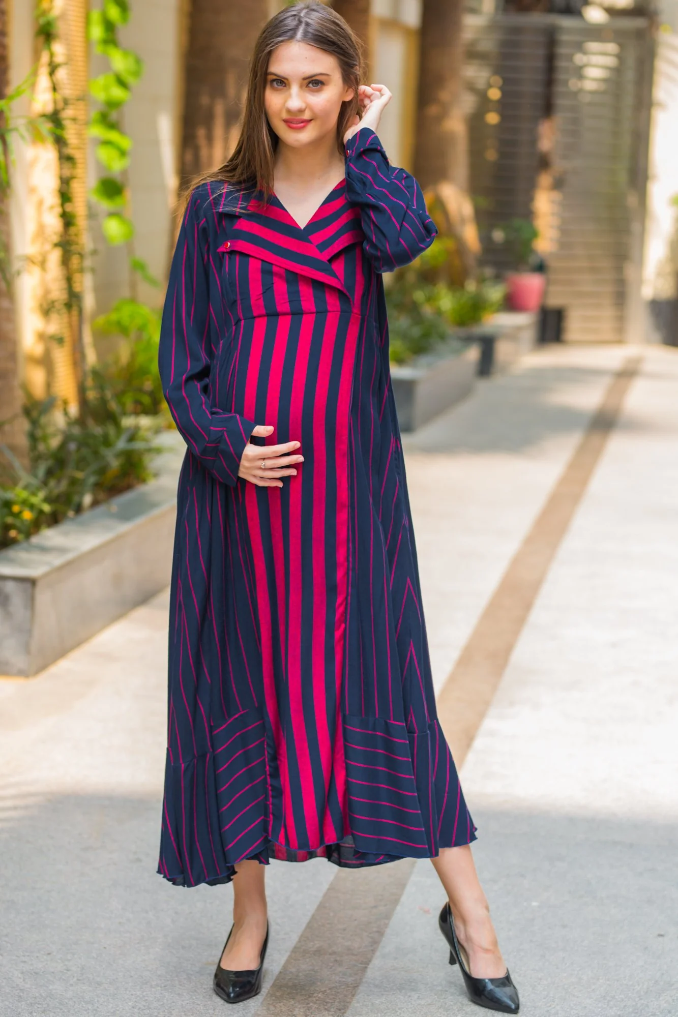Regal Striped Maternity & Nursing Dress - Chenance