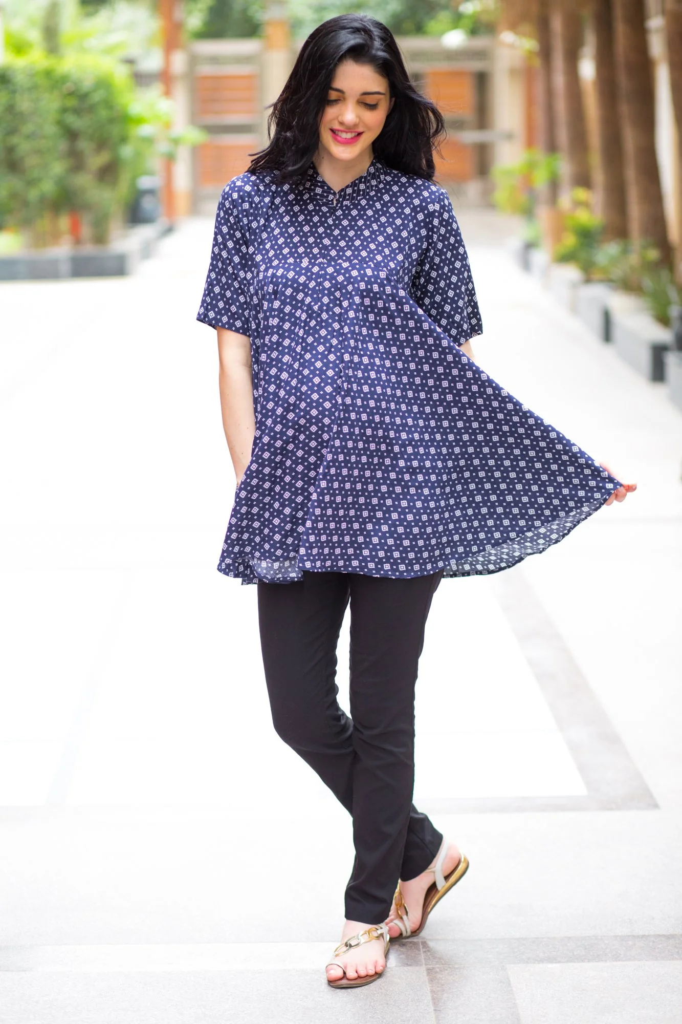 Navy Geo Flowing Maternity & Nursing Top - Chenance